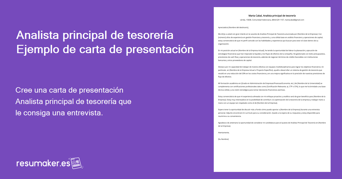 Analista principal de tesorería Ejemplos de Cartas de Presentación