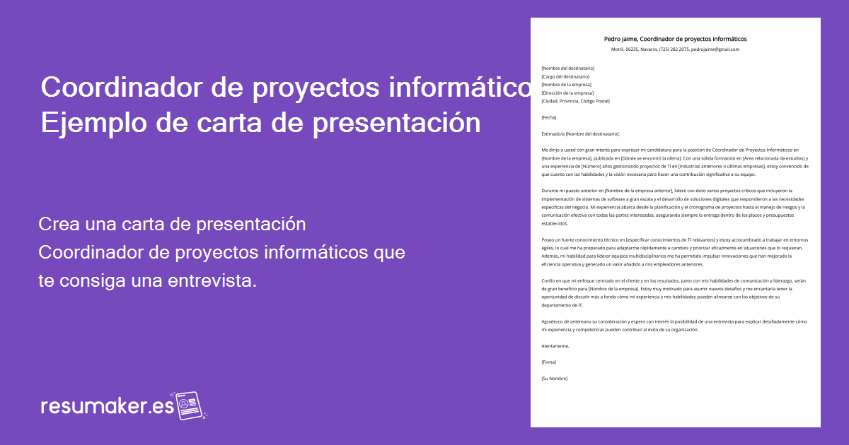 Coordinador de proyectos informáticos Carta de presentación Ejemplo y