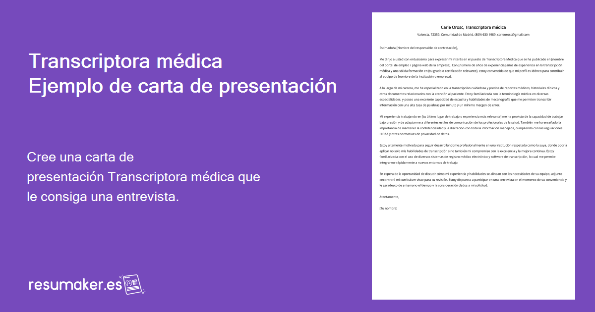 Carta de presentación Transcriptora médica Descripción del puesto