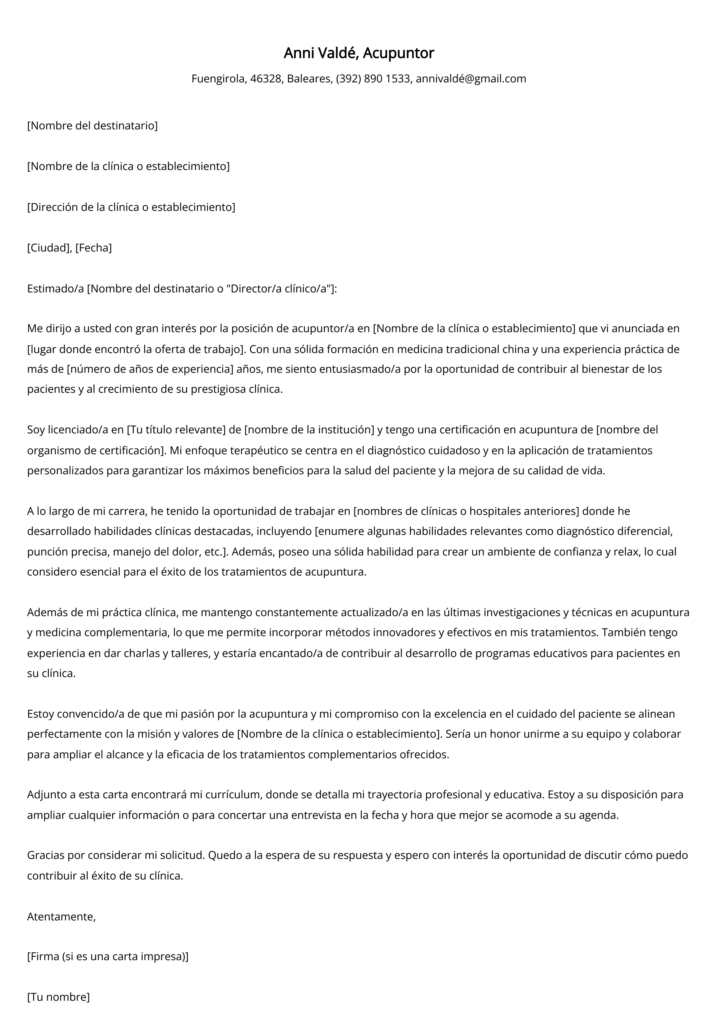 Ejemplo de carta de presentación de un acupuntor