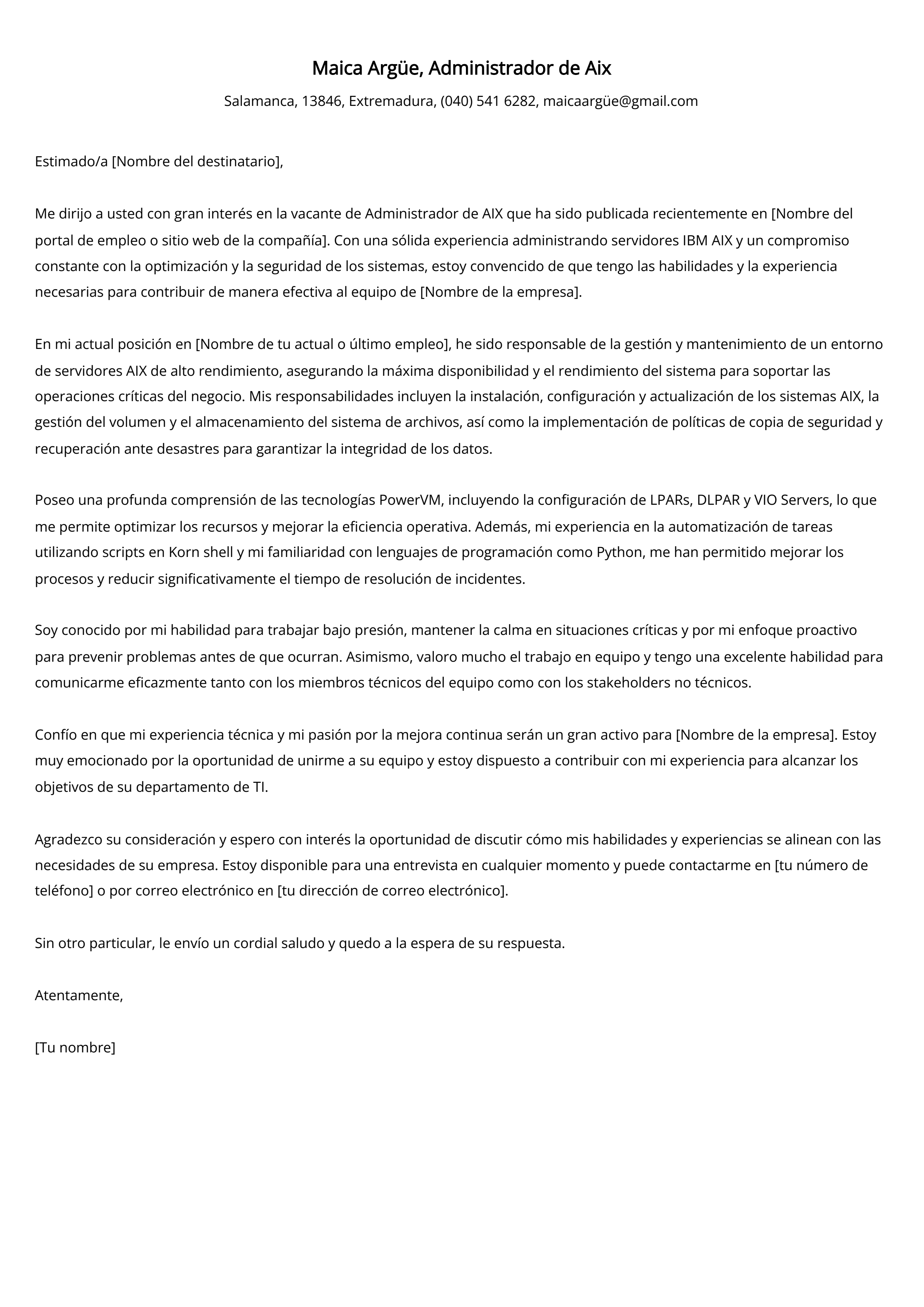 Ejemplo de carta de presentación de Administrador de Aix