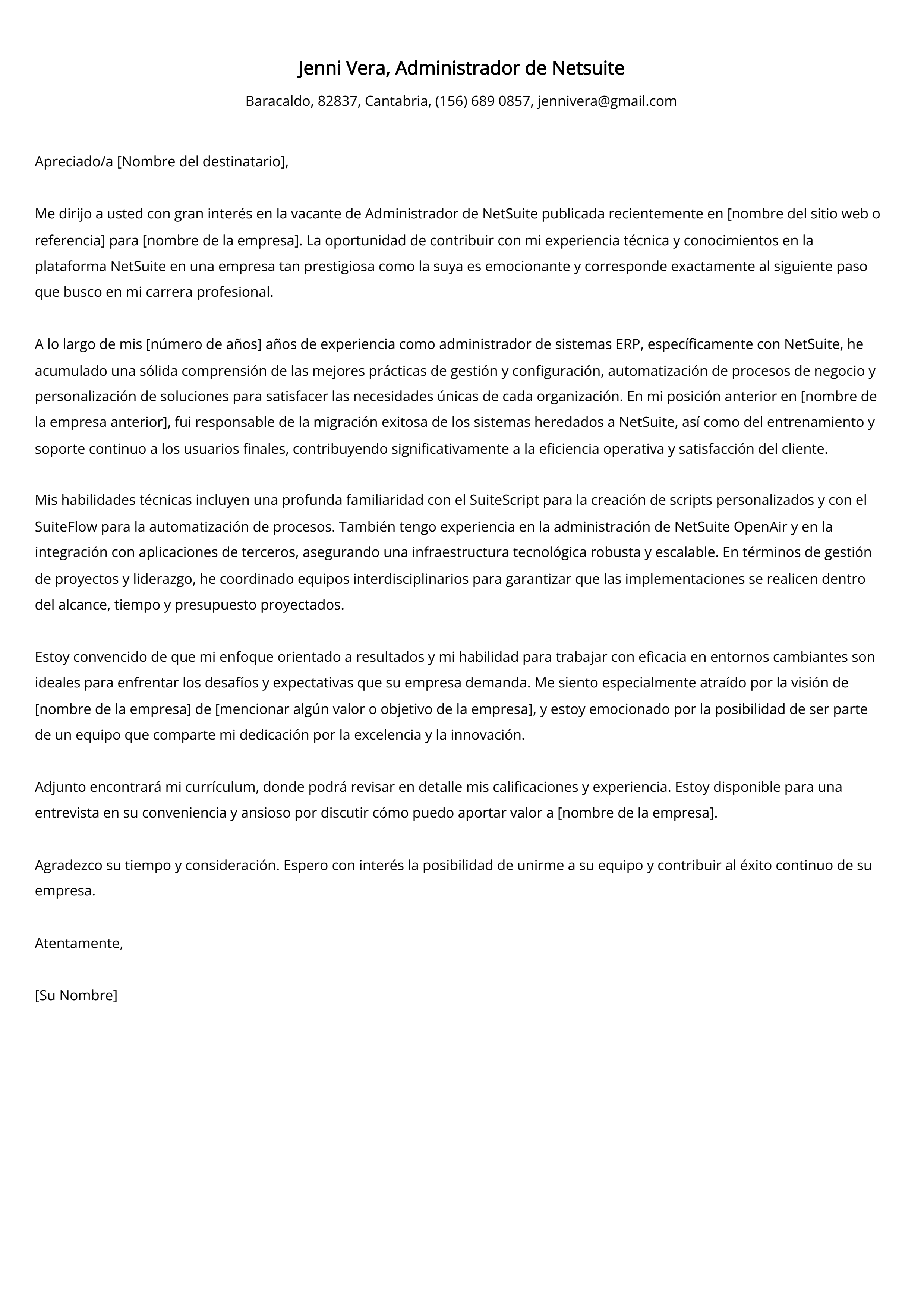 Ejemplo de carta de presentación de Administrador de Netsuite