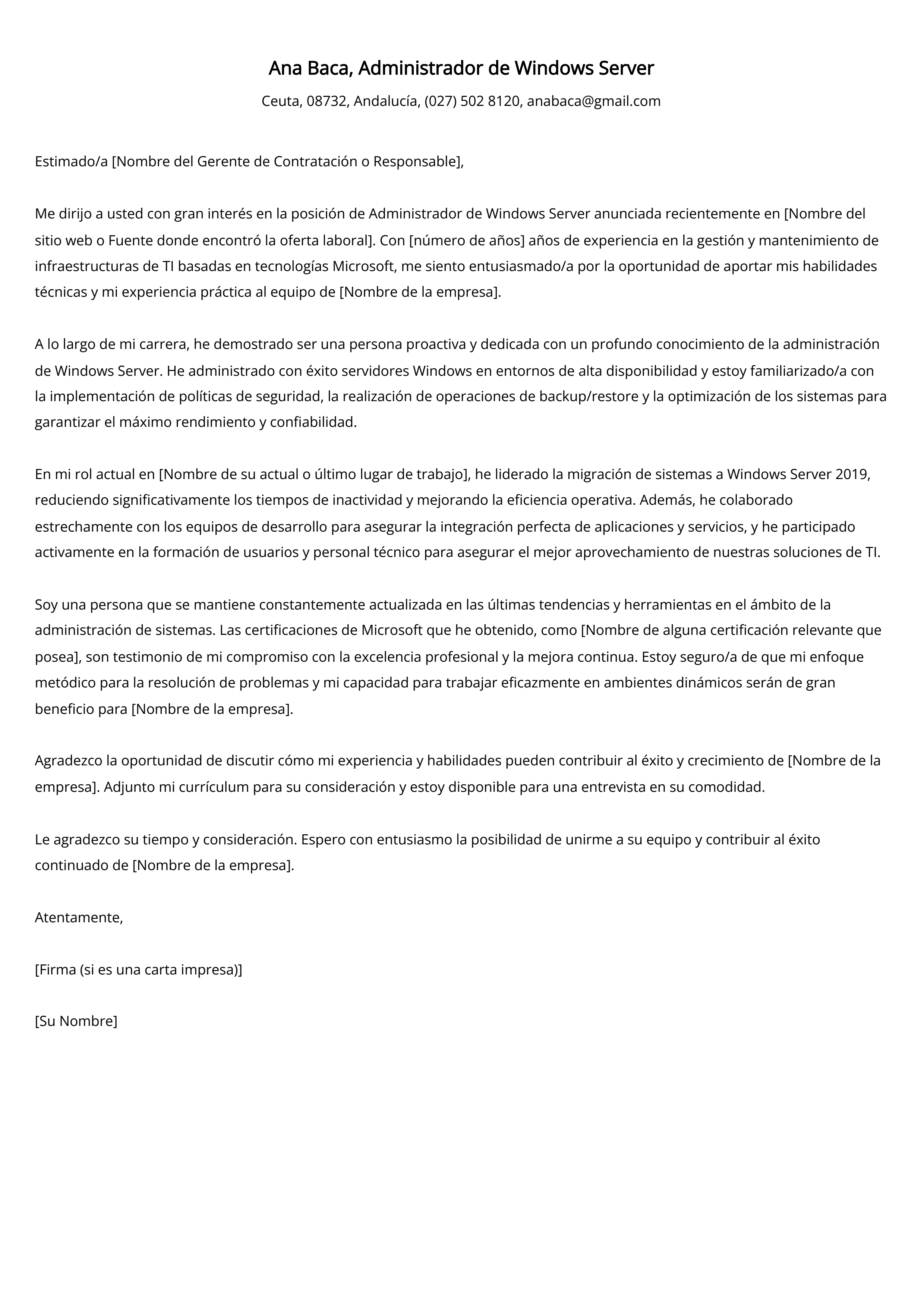 Administrador de Windows Server Cover Letter Example