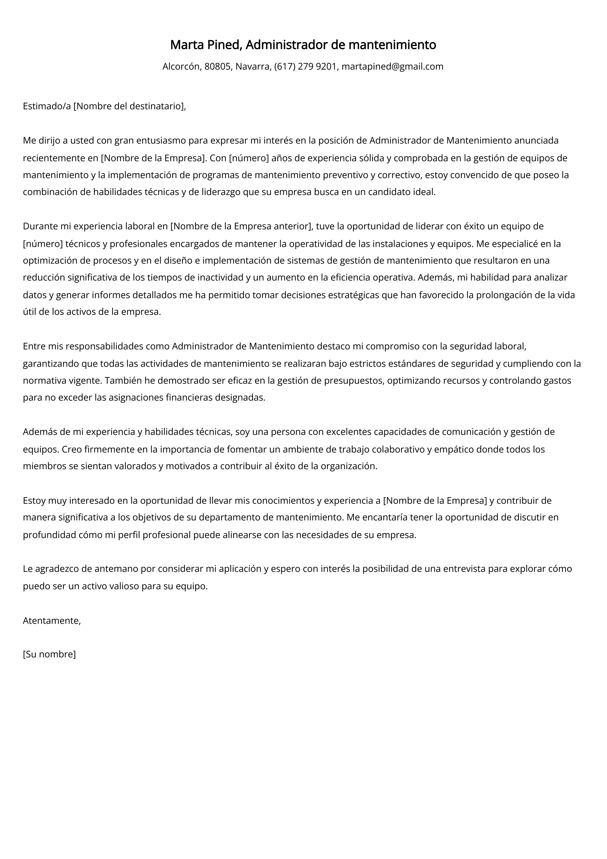 Administrador de mantenimiento Carta de presentación Ejemplo