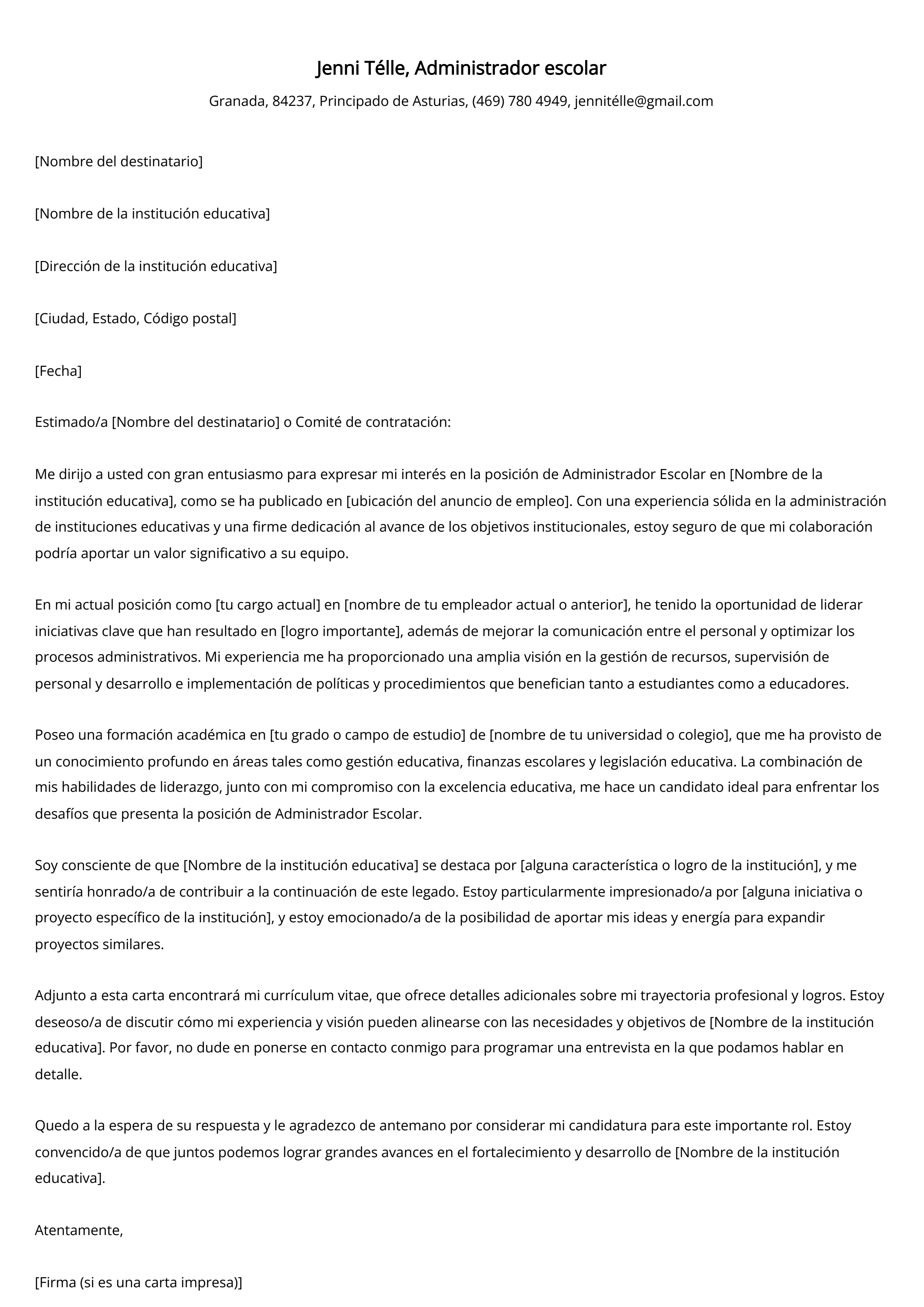 Administrador escolar Carta de presentación Ejemplo