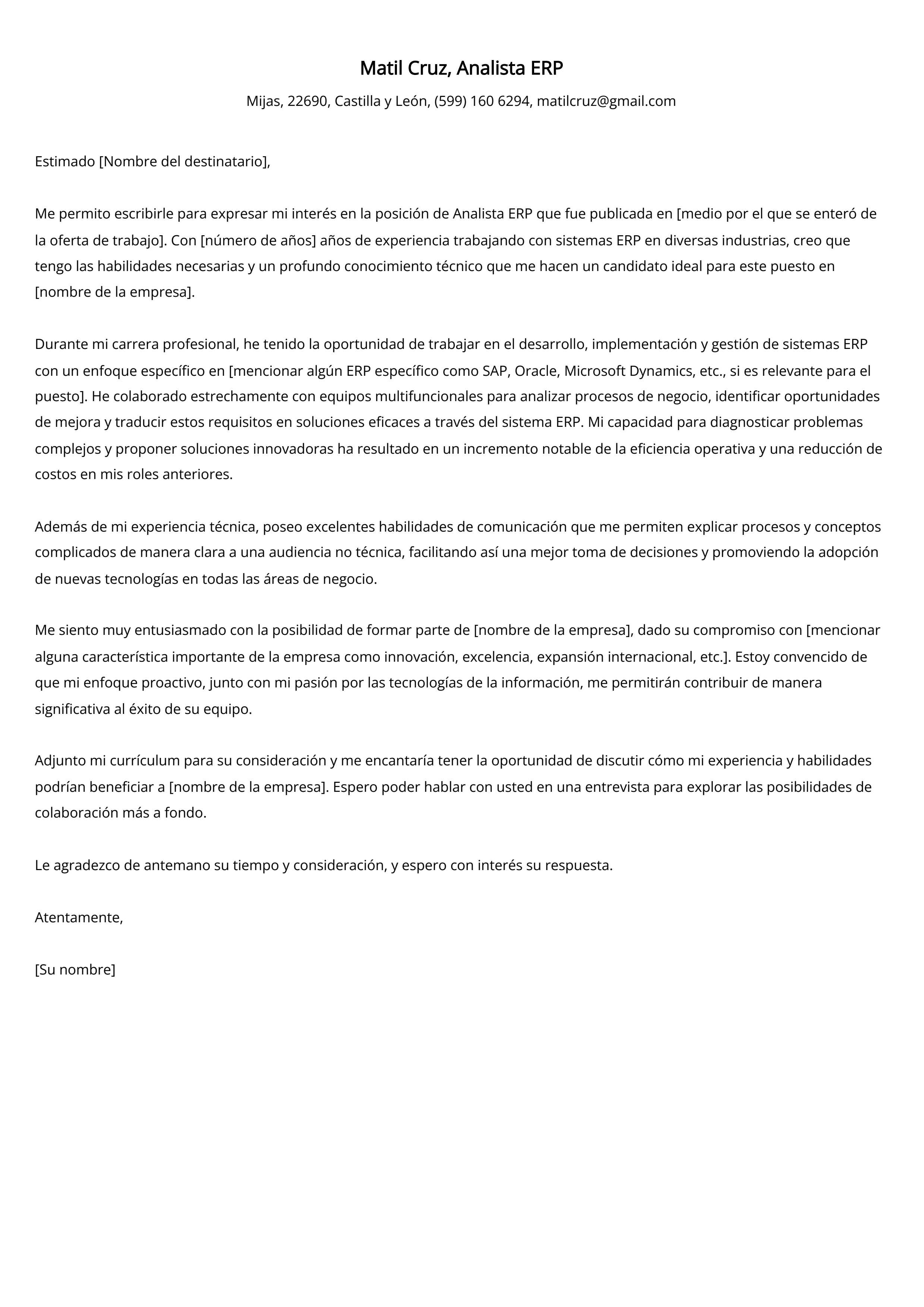 Analista ERP Ejemplo de carta de presentación