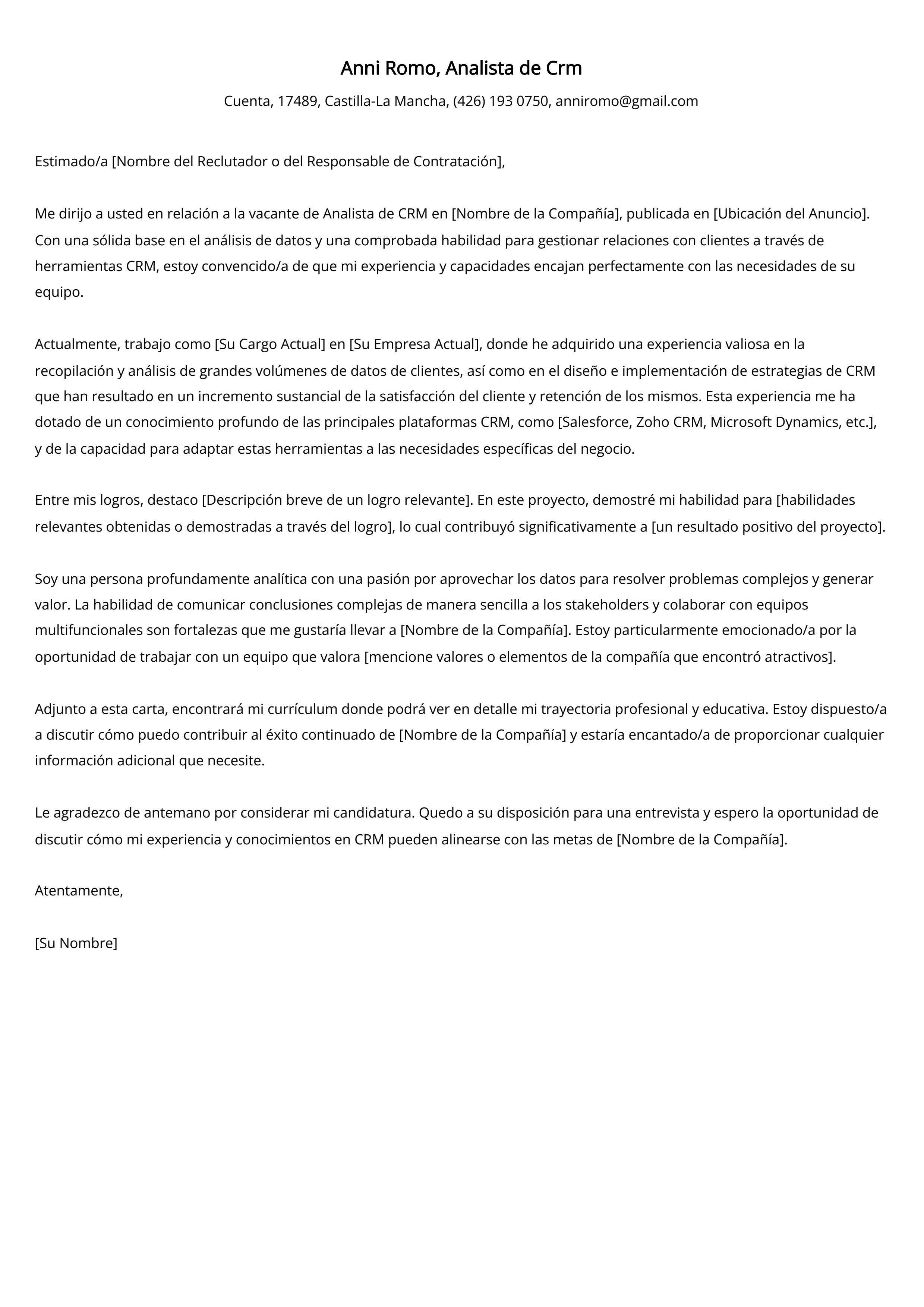 Analista de Crm Cover Letter Example