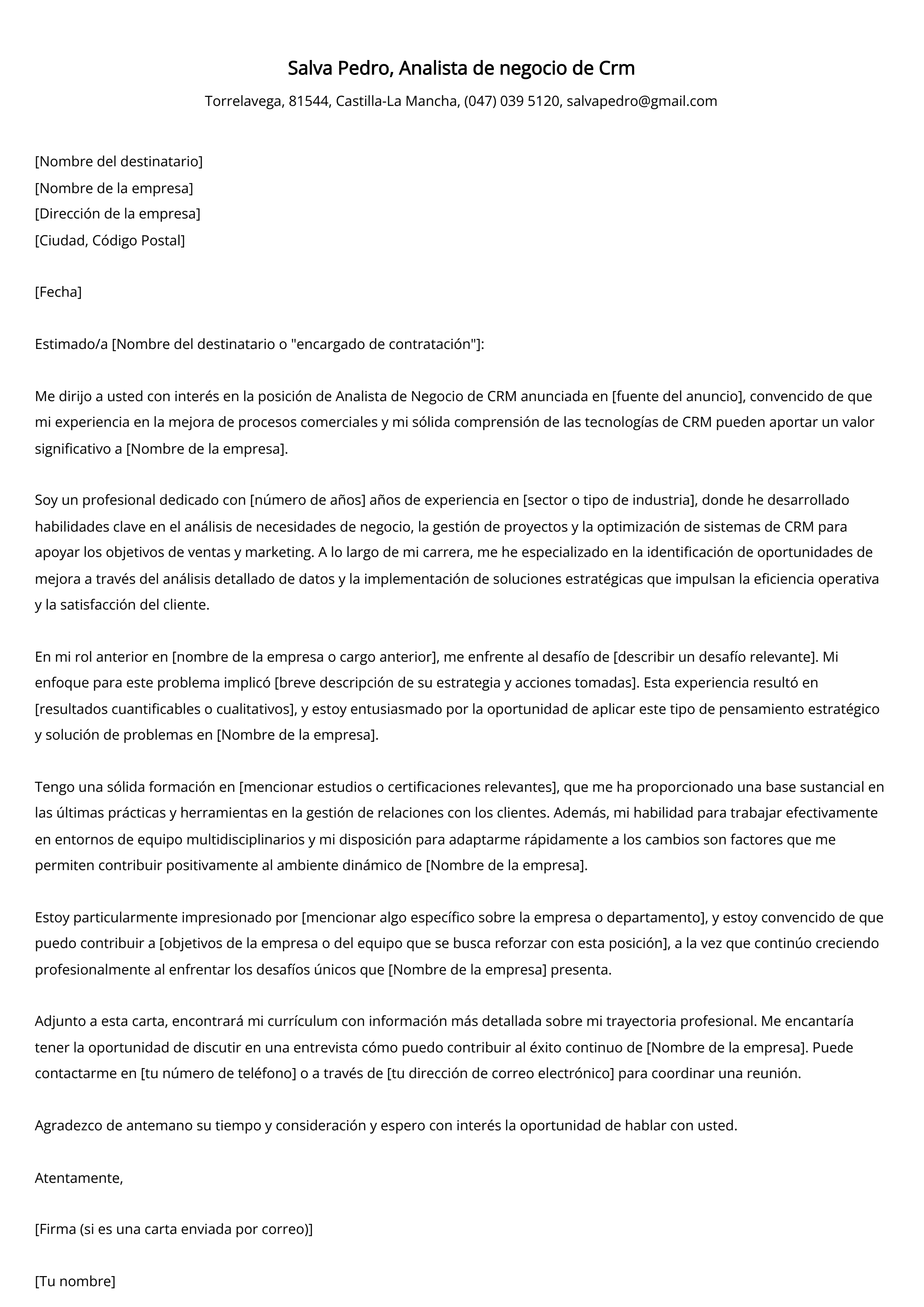 Analista de negocio de Crm Cover Letter Example