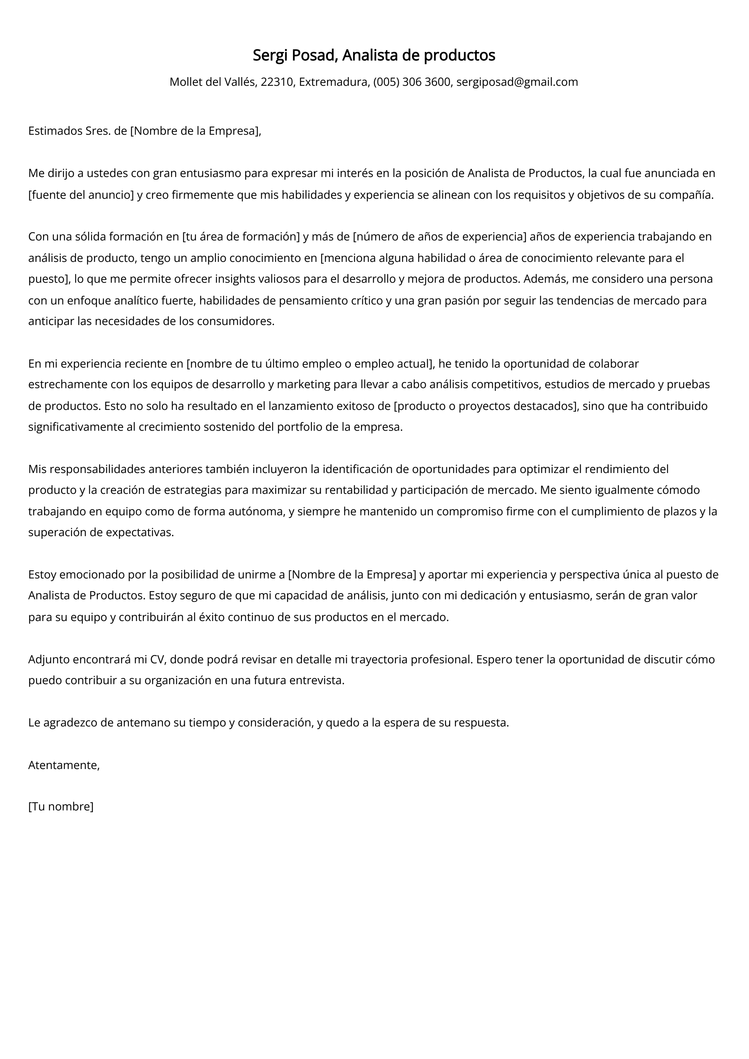 Analista de productos Ejemplo de carta de presentación