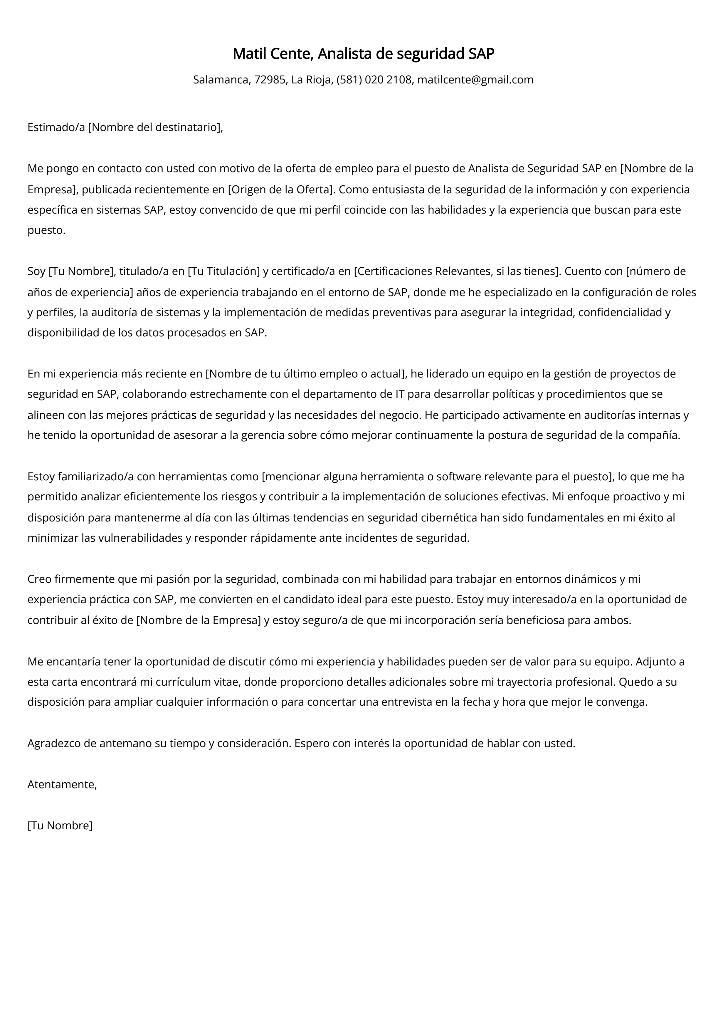 Analista de seguridad SAP Cover Letter Example