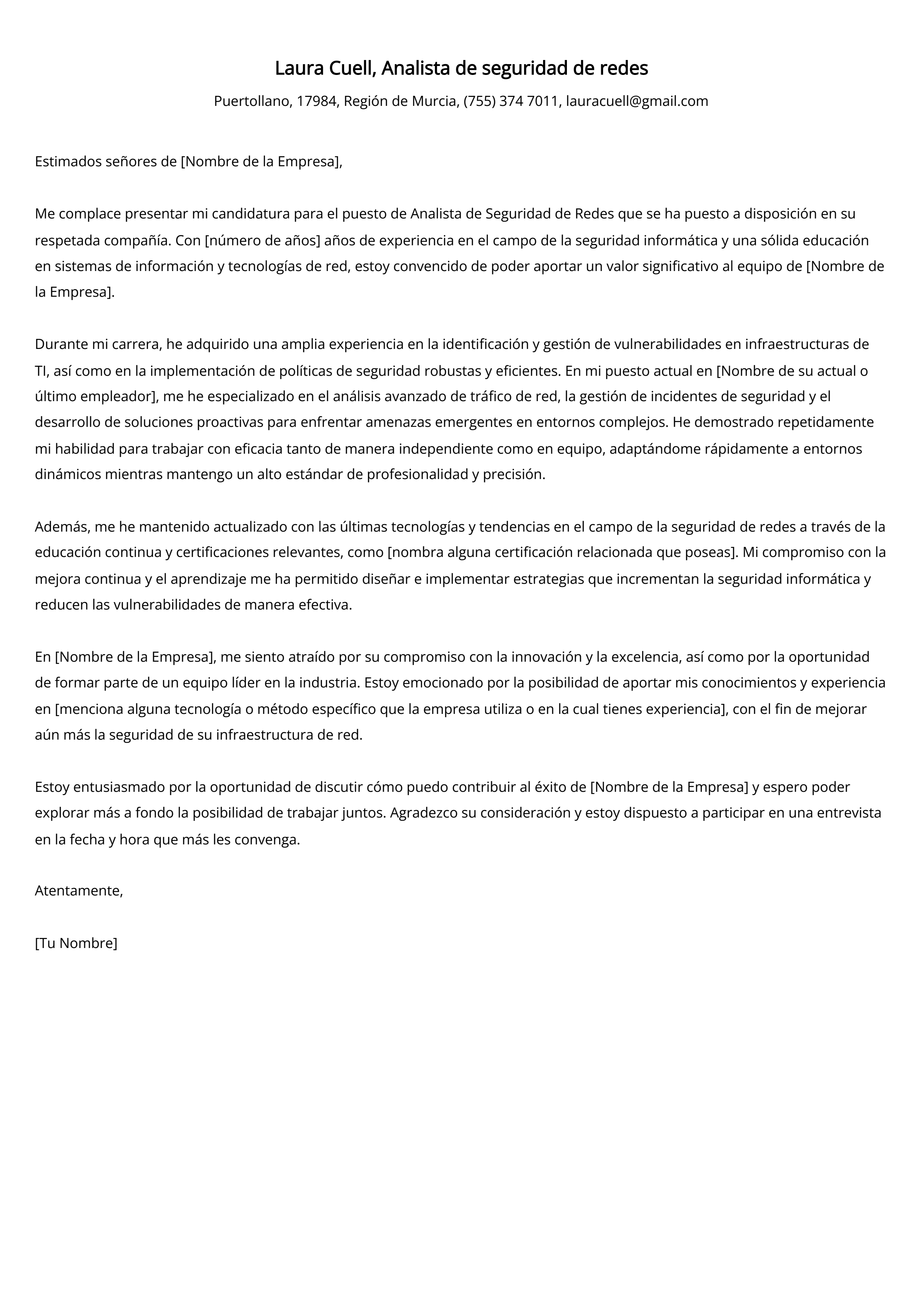 Analista de seguridad de redes Ejemplo de carta de presentación