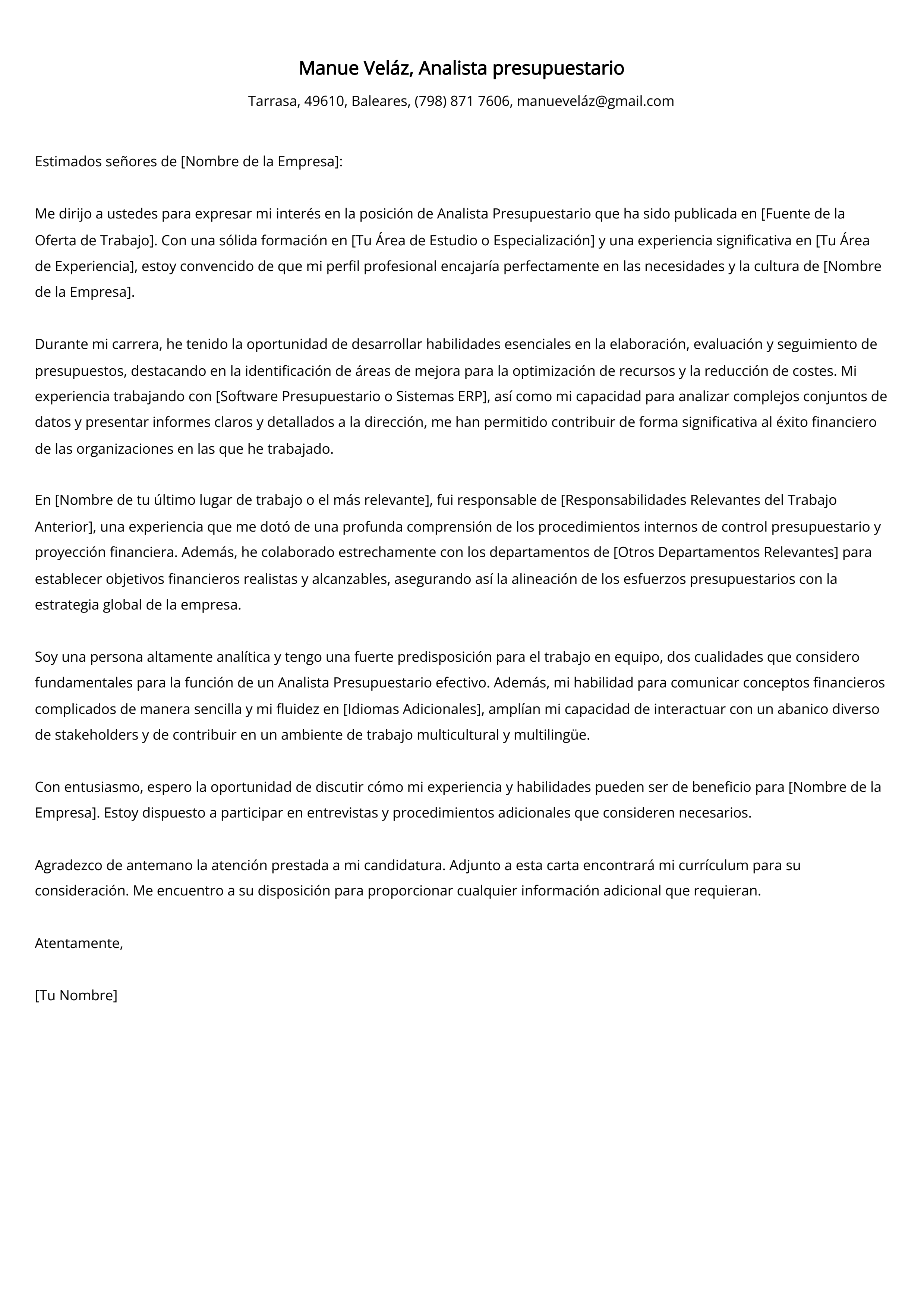 Analista presupuestario Ejemplo de carta de presentación