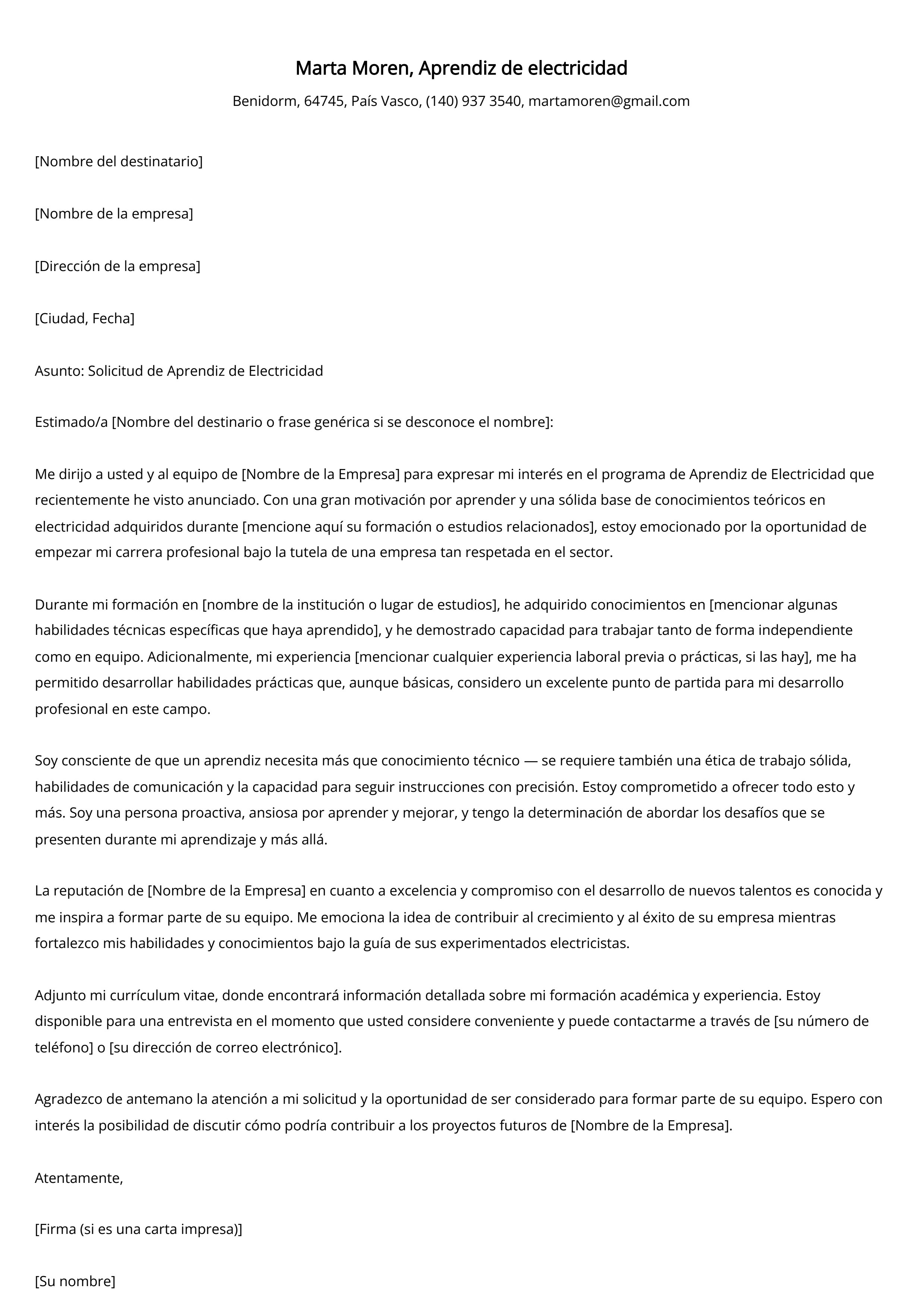 Aprendiz de electricidad Ejemplo de carta de presentación