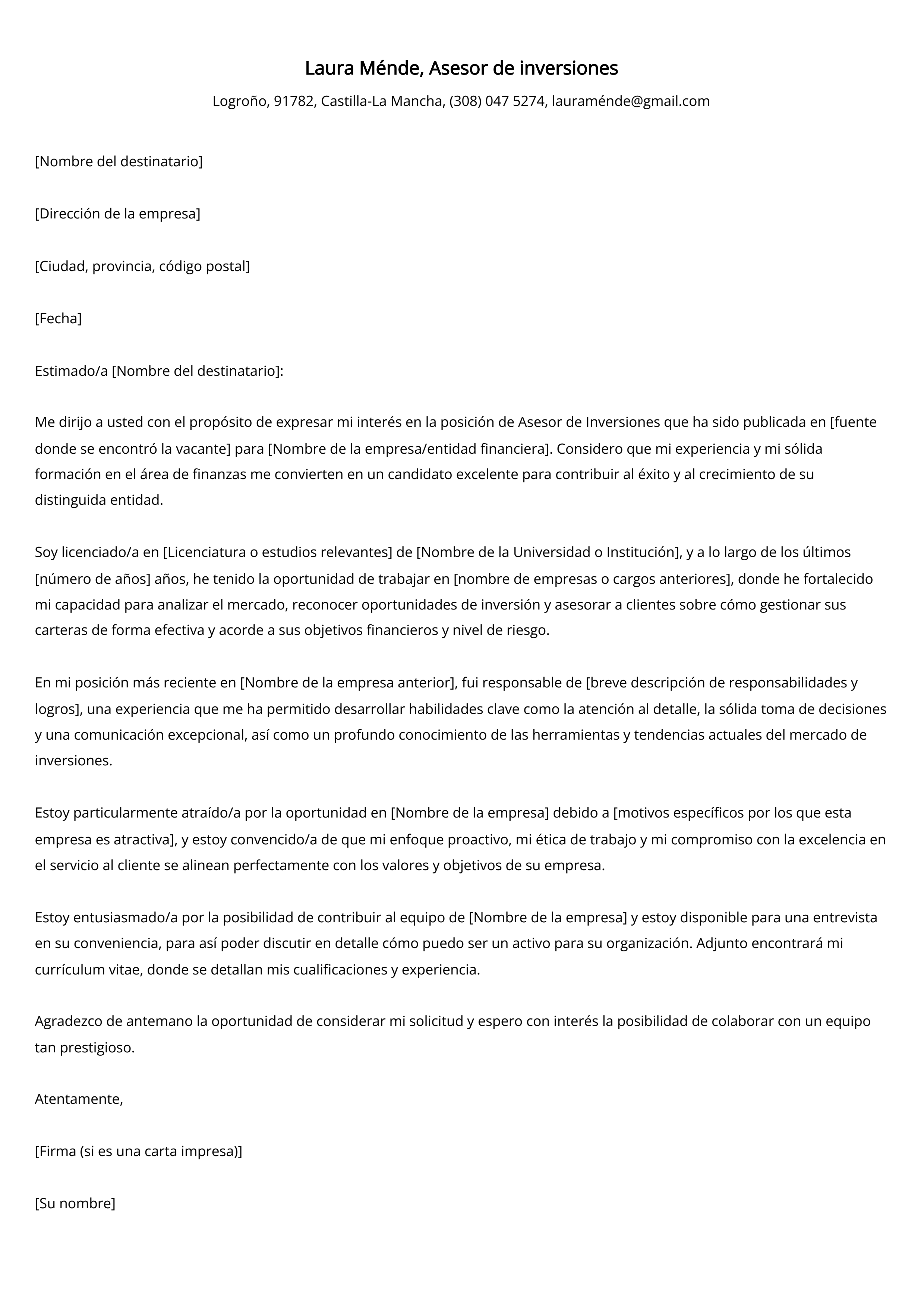 Asesor de inversiones Ejemplo de carta de presentación