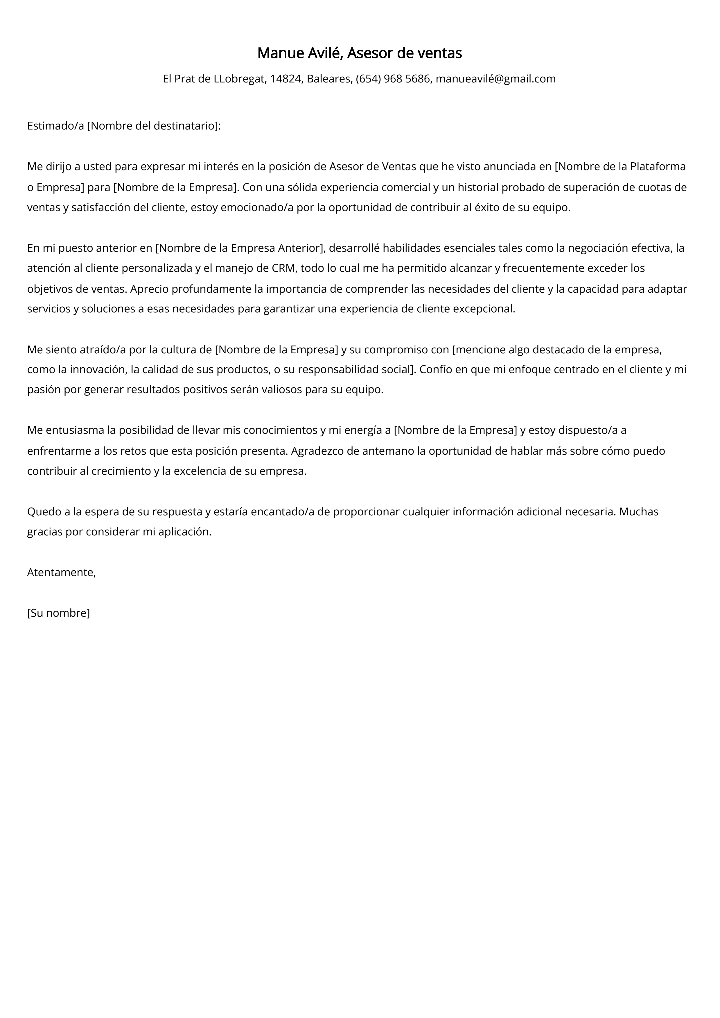 Asesor de ventas Ejemplo de carta de presentación