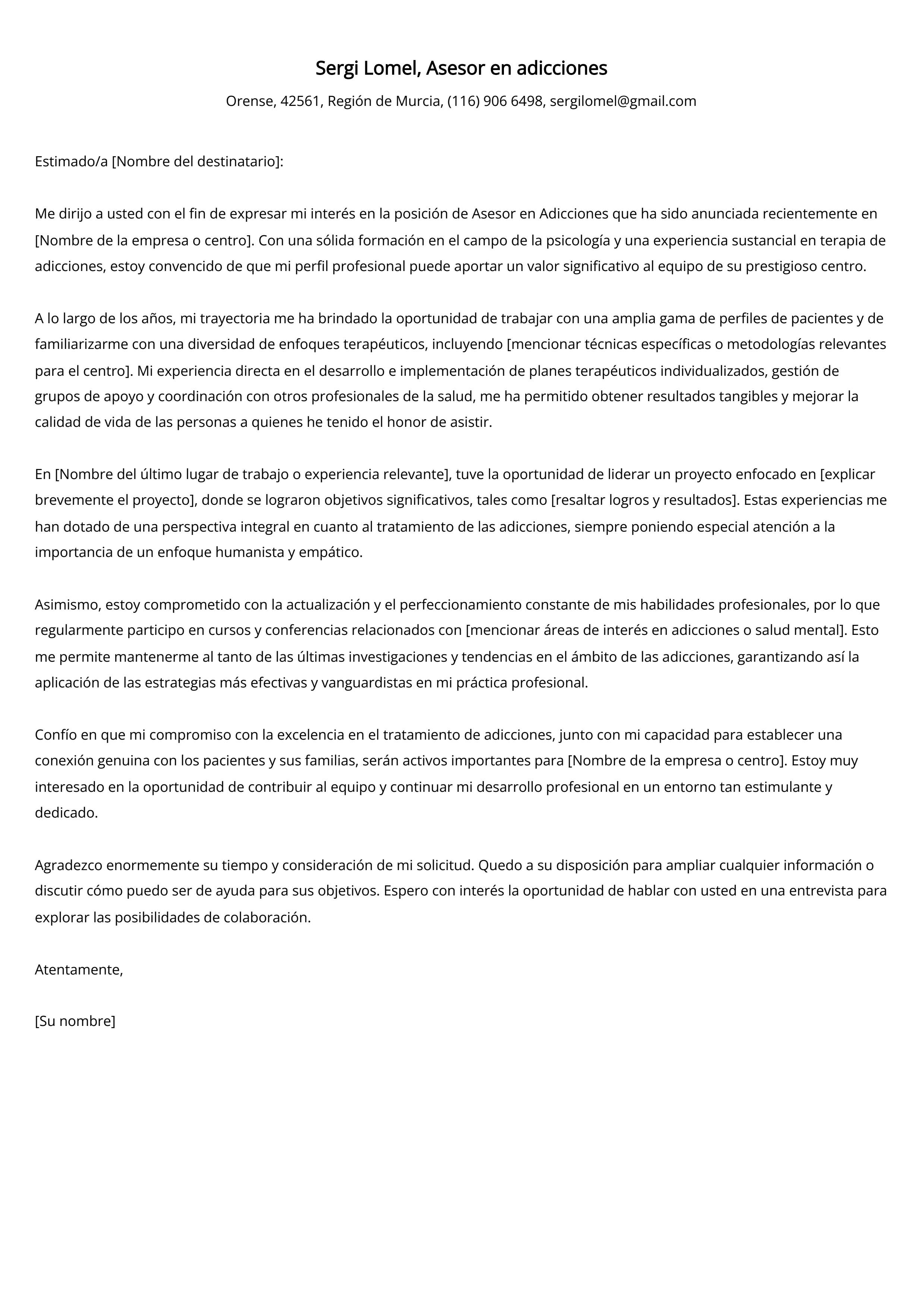 Asesor en adicciones Ejemplo de carta de presentación