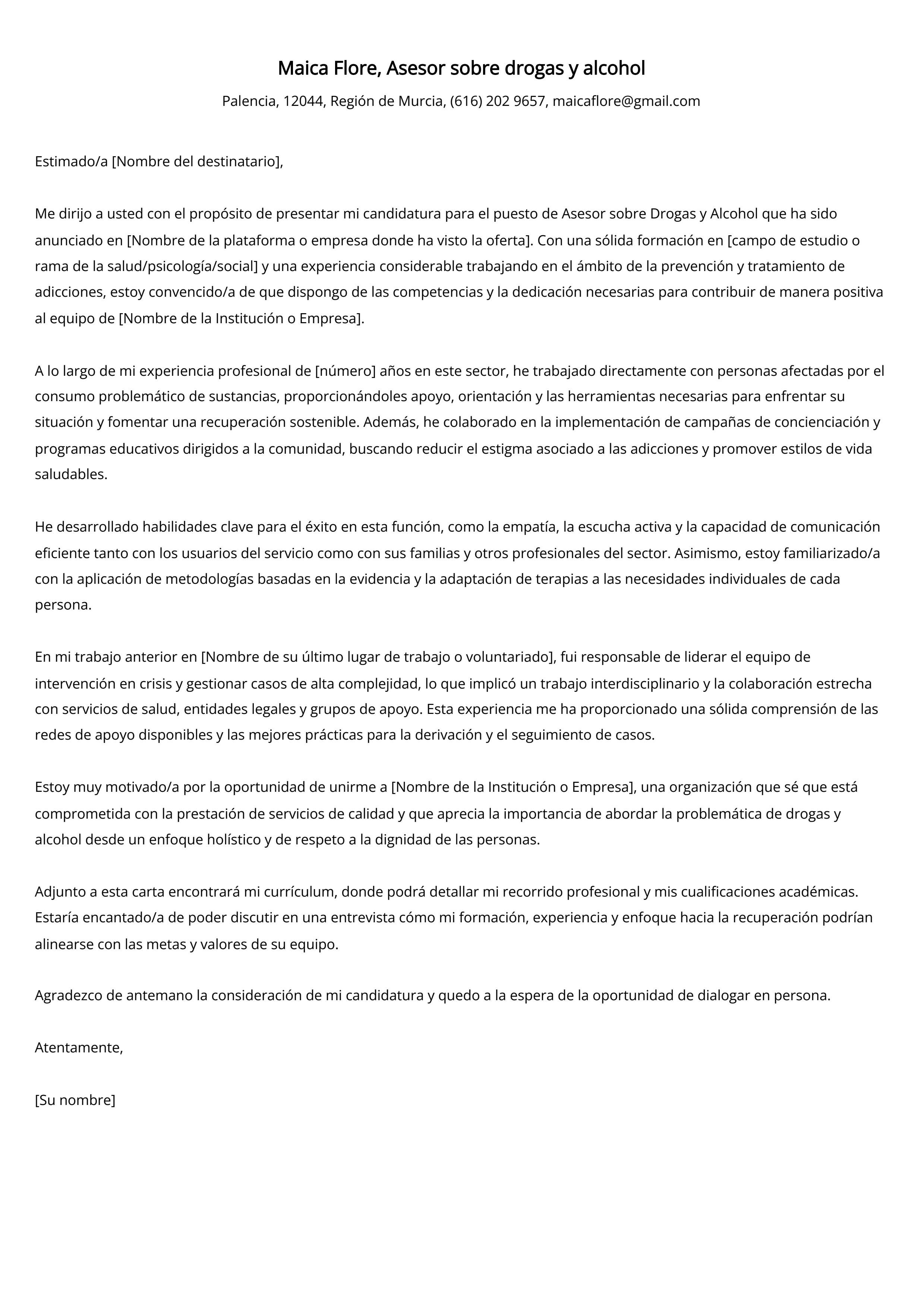 Asesor sobre drogas y alcohol Cover Letter Example