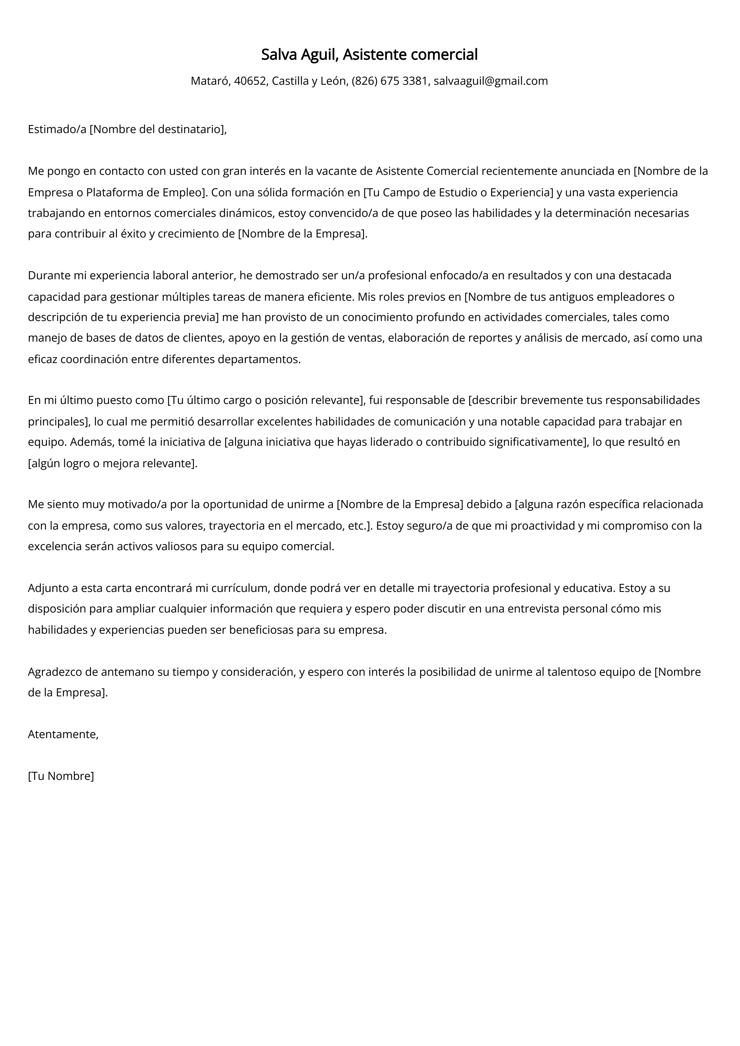 Asistente comercial Carta de presentación Ejemplo