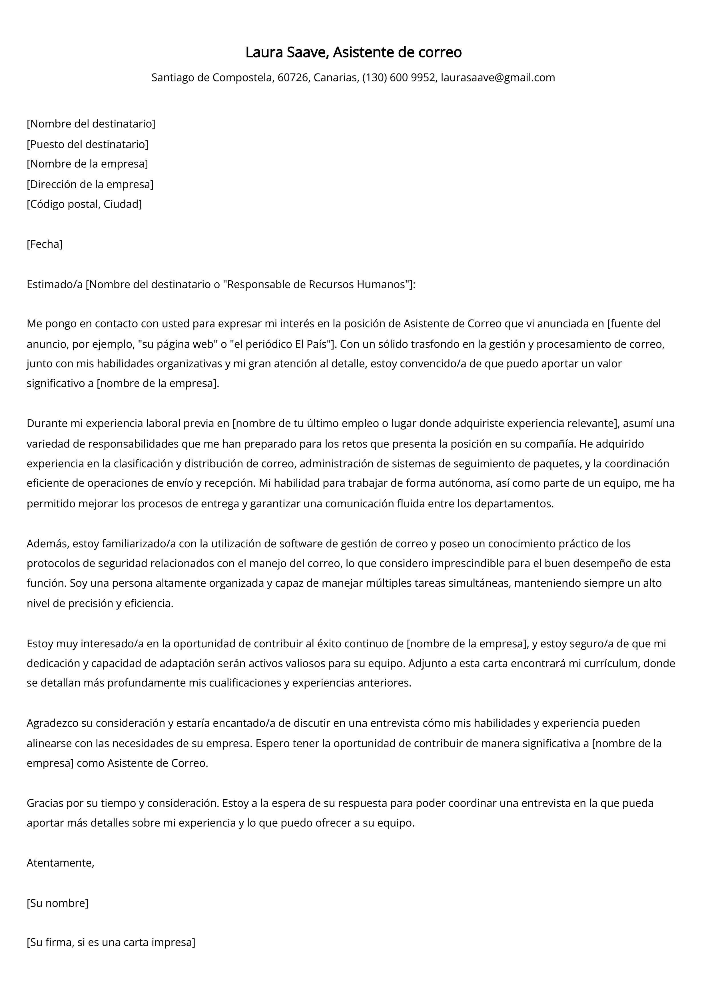 Asistente de correo Ejemplo de carta de presentación