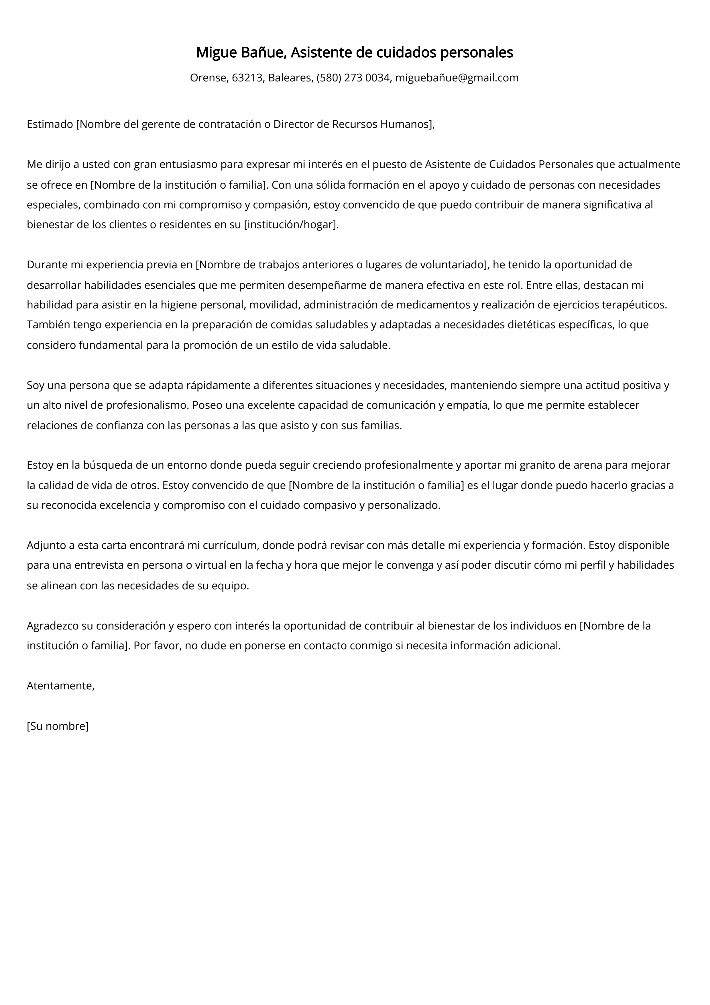 Asistente de cuidados personales Ejemplo de carta de presentación