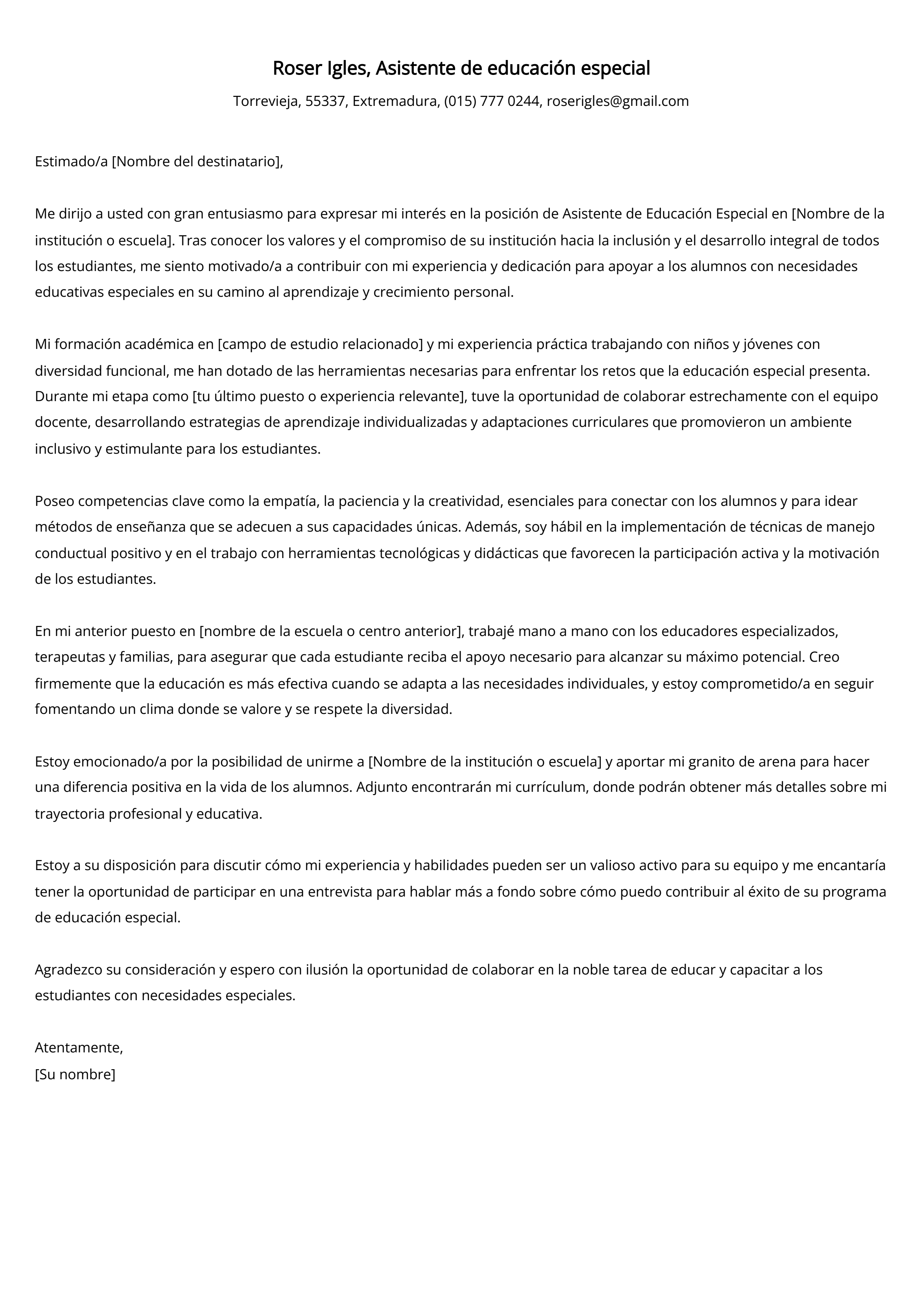 Asistente de educación especial Carta de presentación Ejemplo