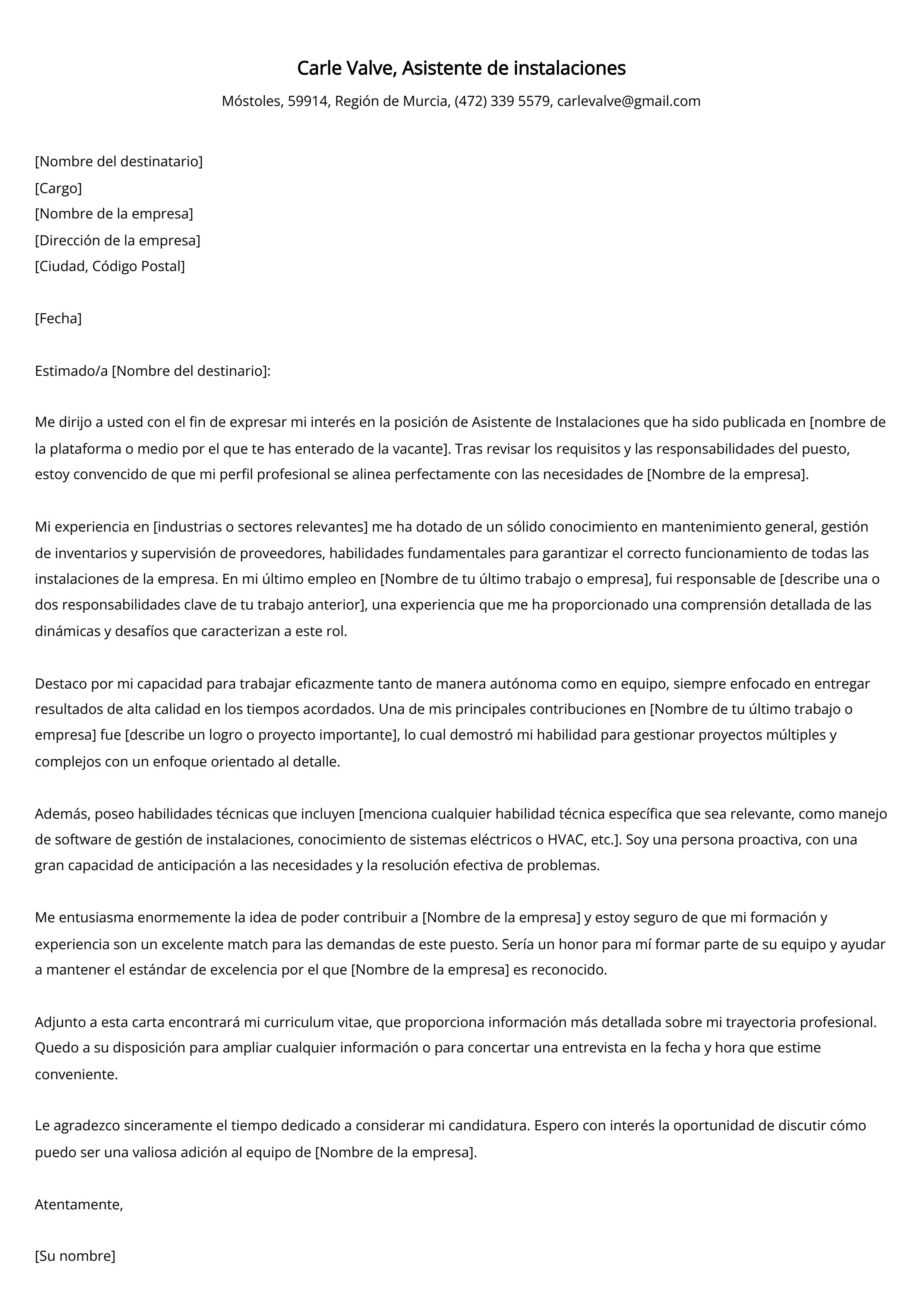 Asistente de instalaciones Ejemplo de carta de presentación