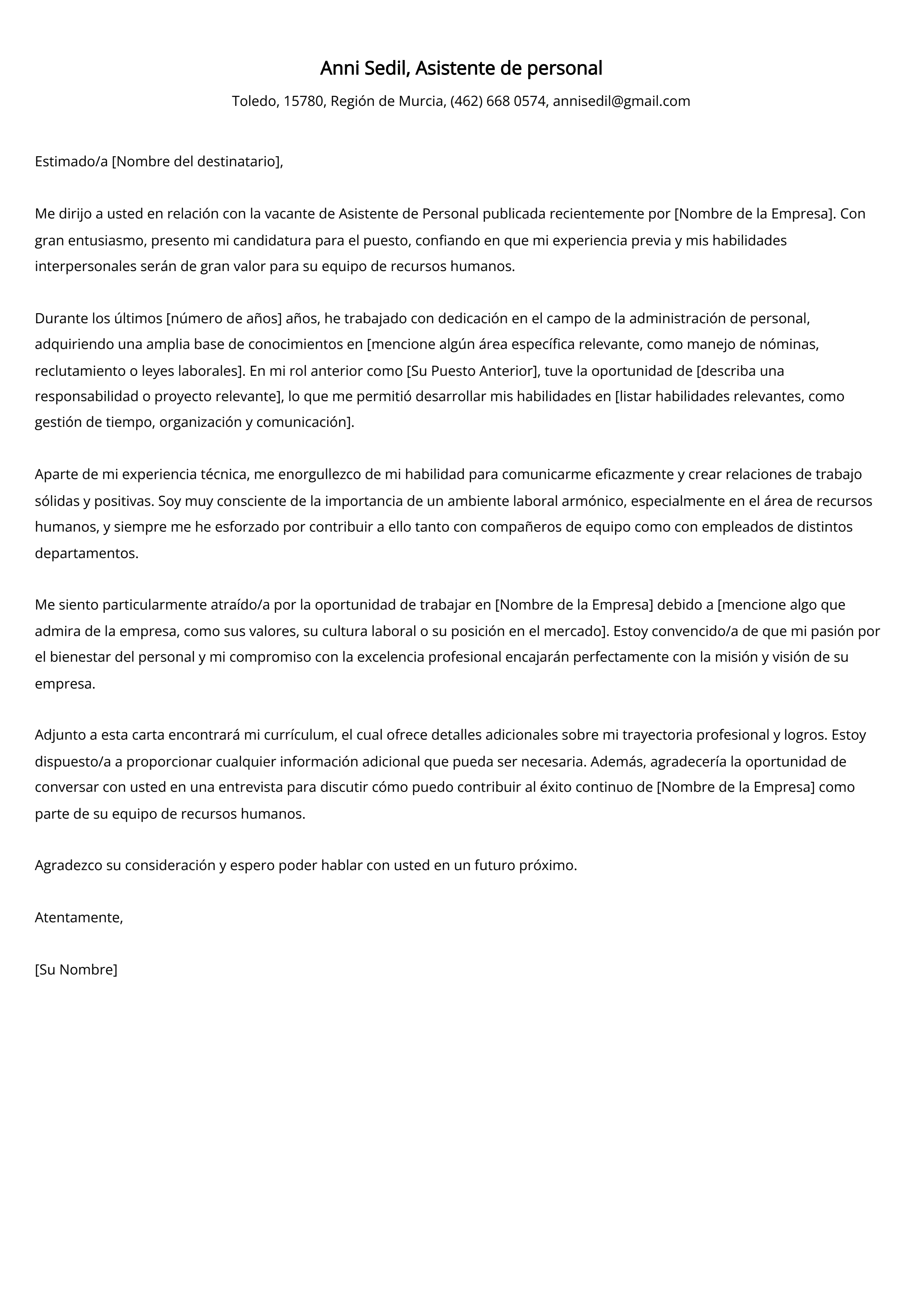 Asistente de personal Carta de presentación Ejemplo