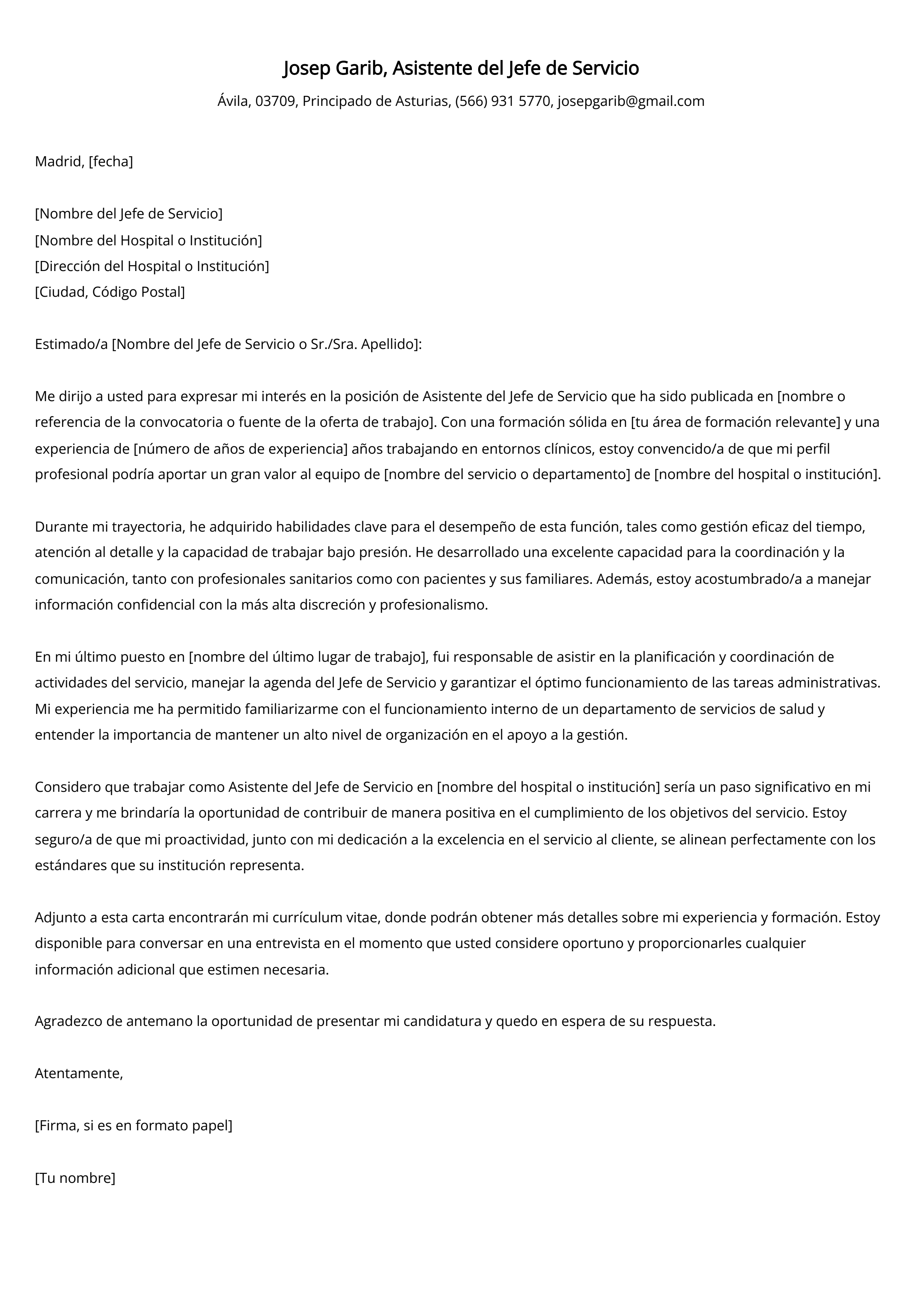 Asistente del Jefe de Servicio Ejemplo de carta de presentación