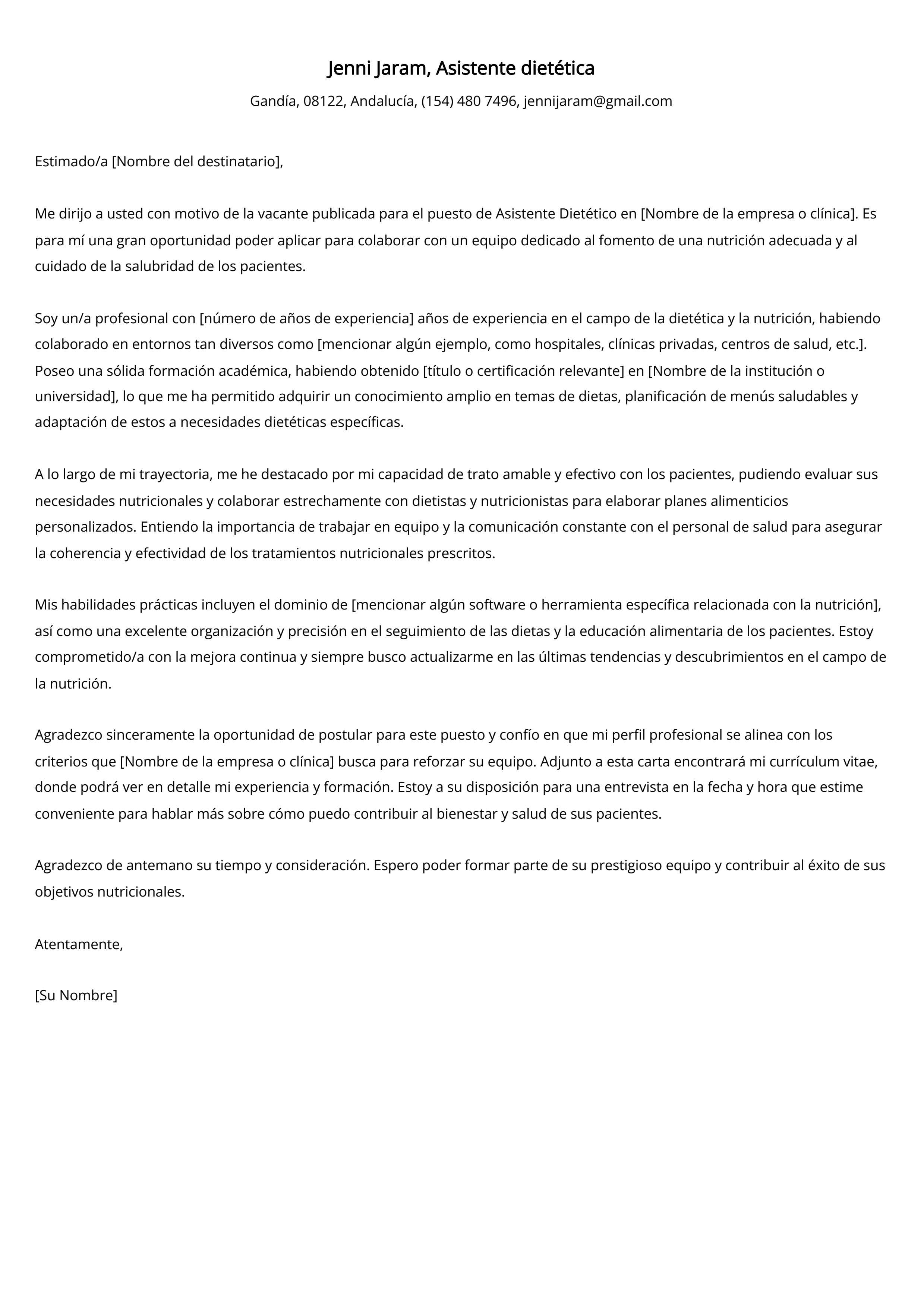 Asistente dietética Ejemplo de carta de presentación