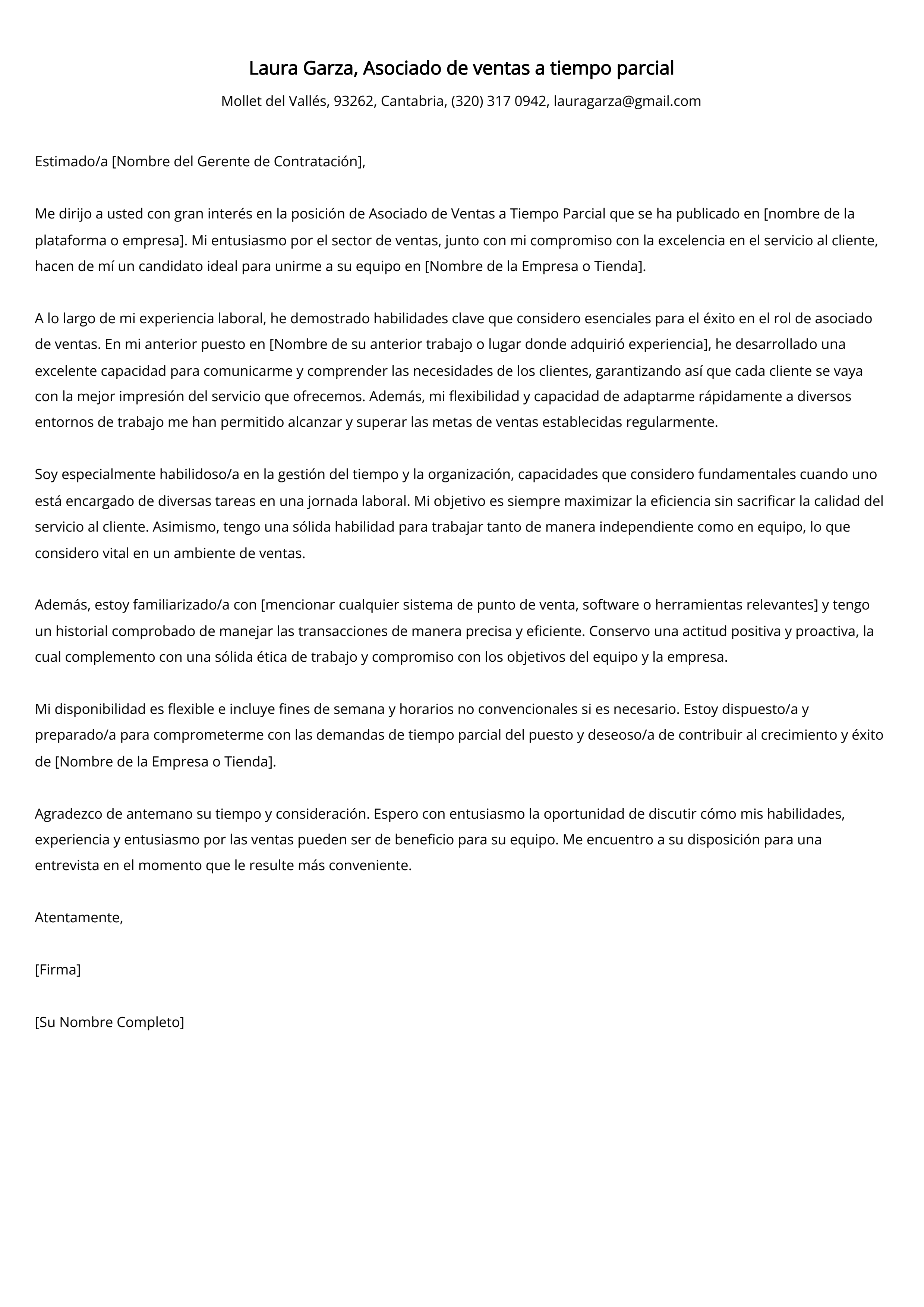 Asociado de ventas a tiempo parcial Cover Letter Example