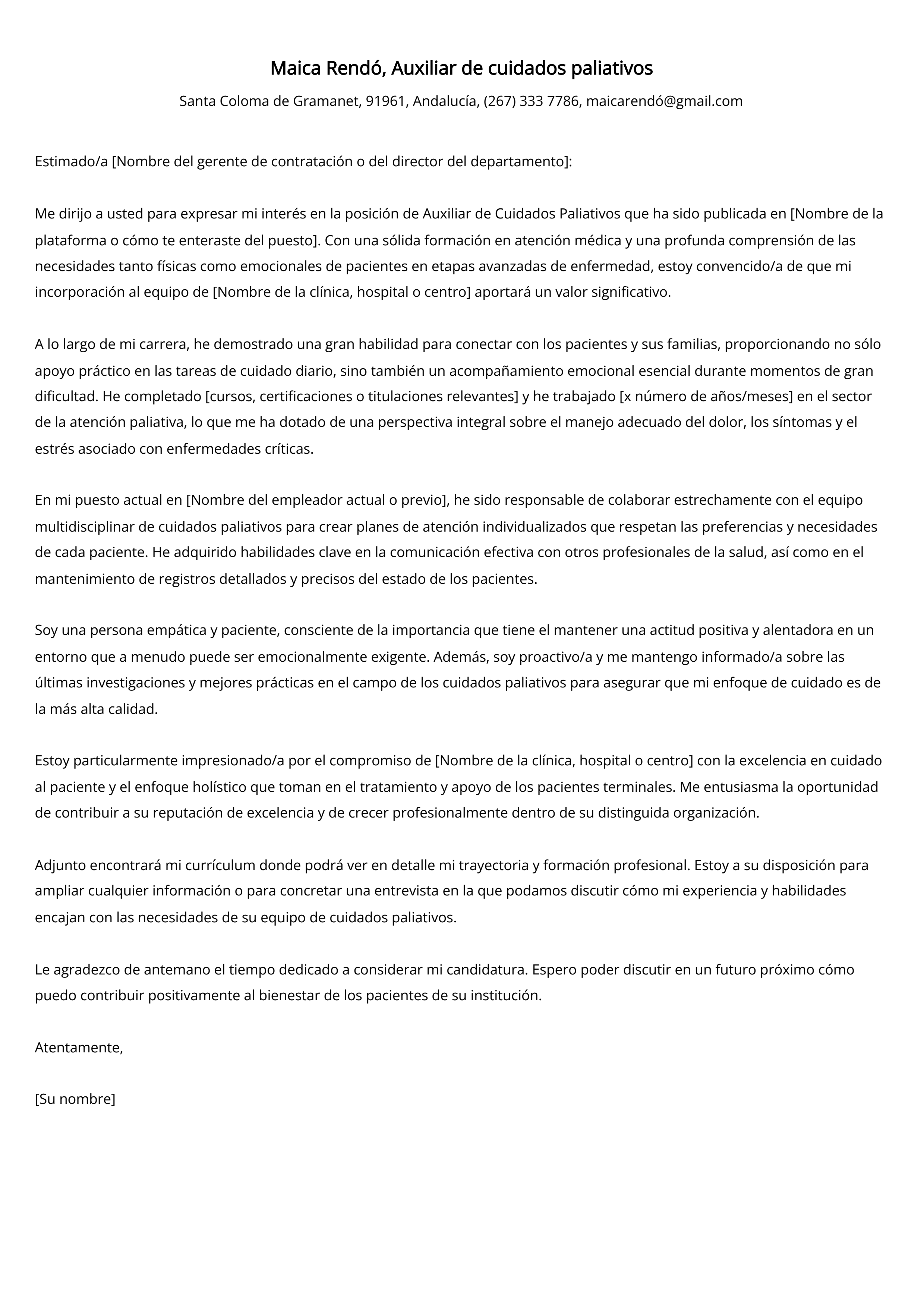 Auxiliar de cuidados paliativos Carta de presentación Ejemplo