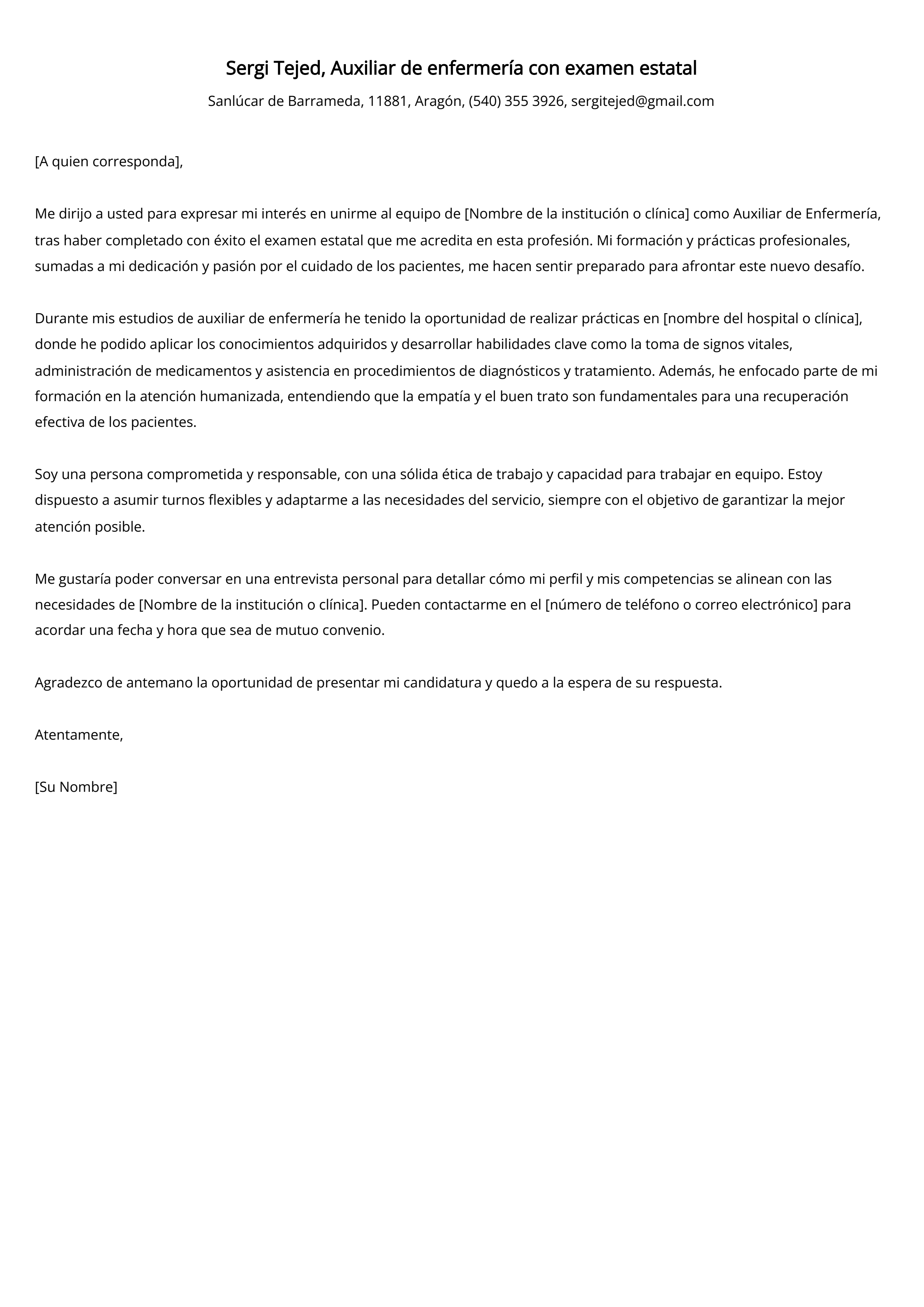 Auxiliar de enfermería con examen estatal Cover Letter Example