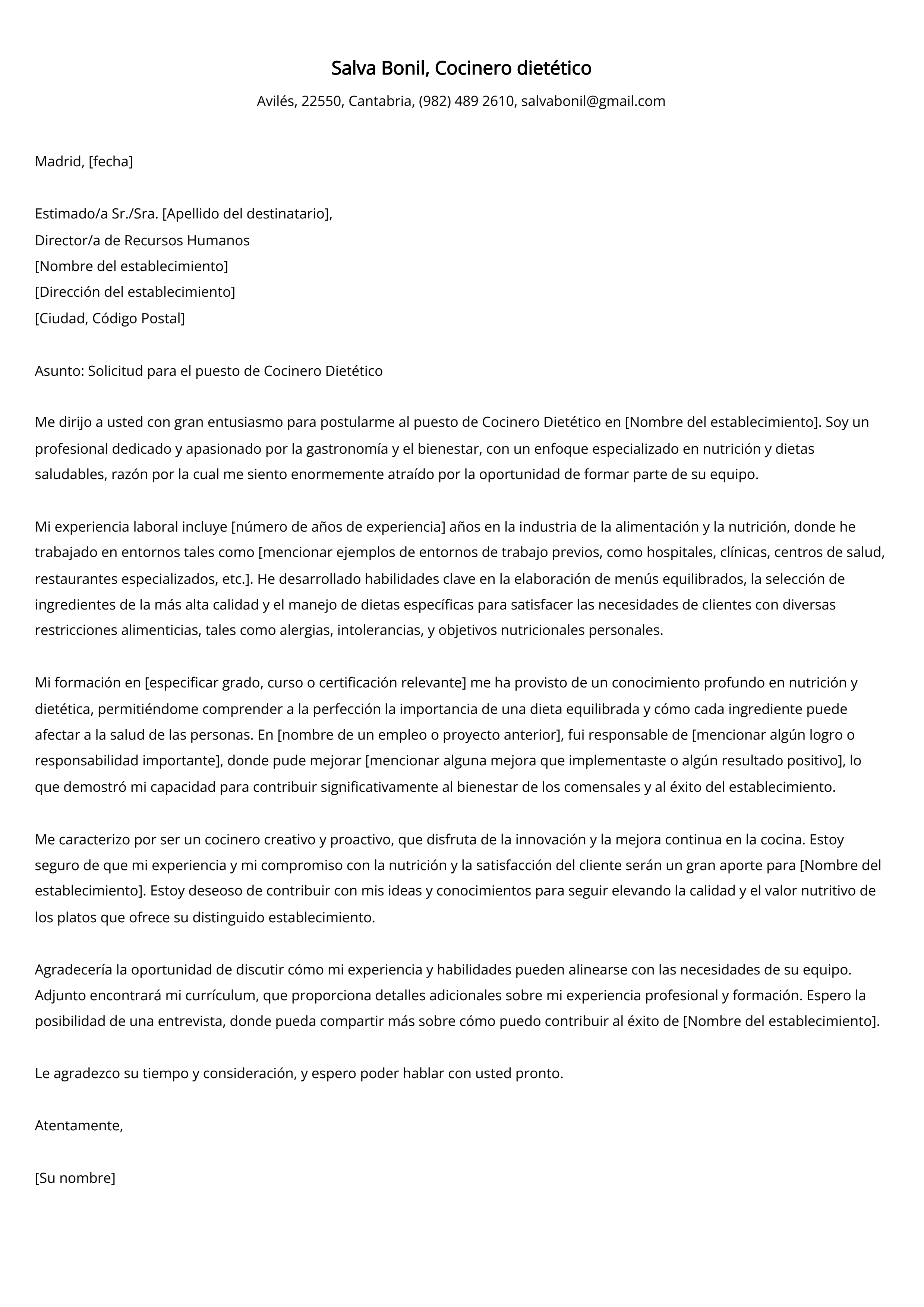 Cocinero dietético Ejemplo de carta de presentación