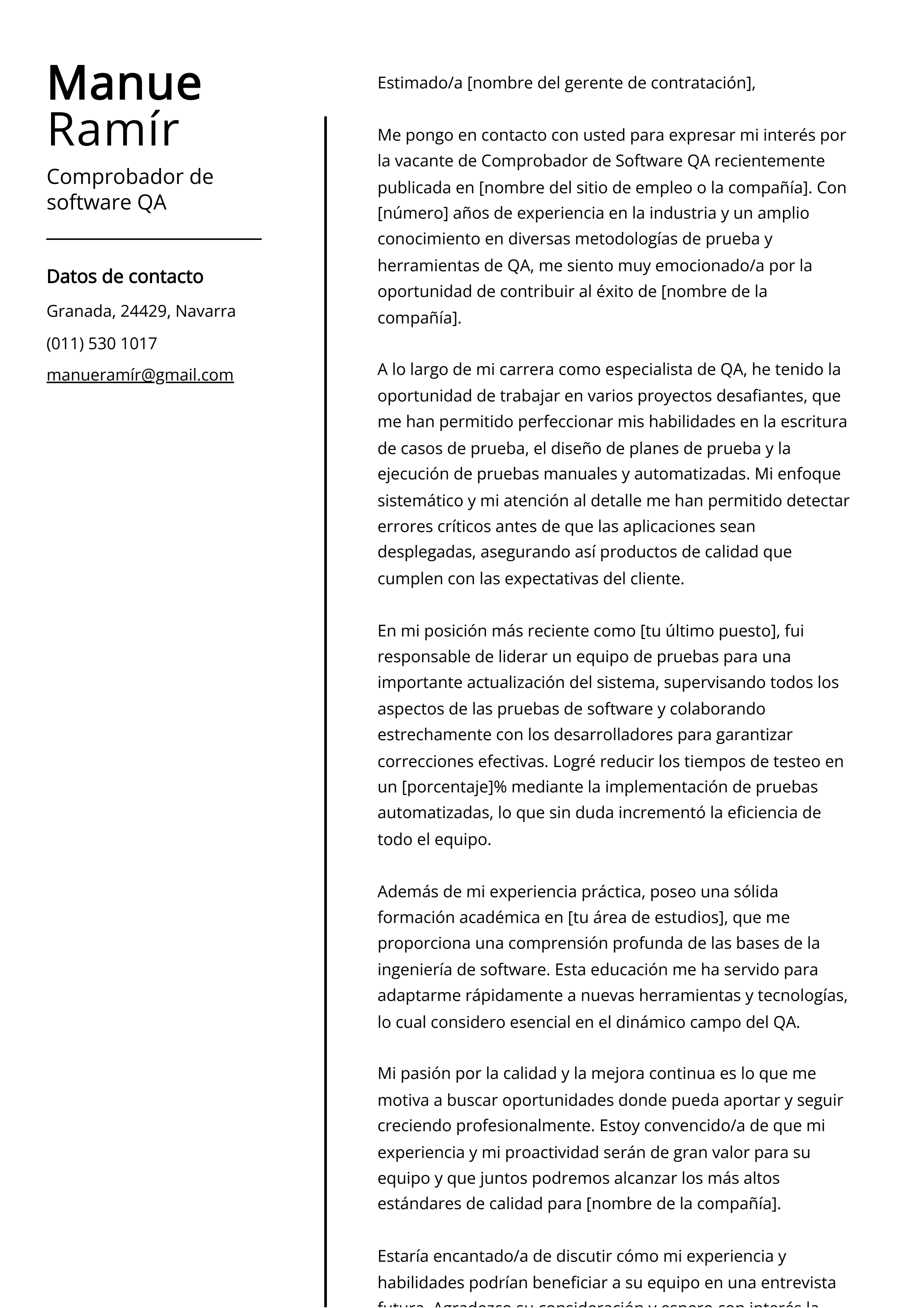 Comprobador de software QA Cover Letter Example