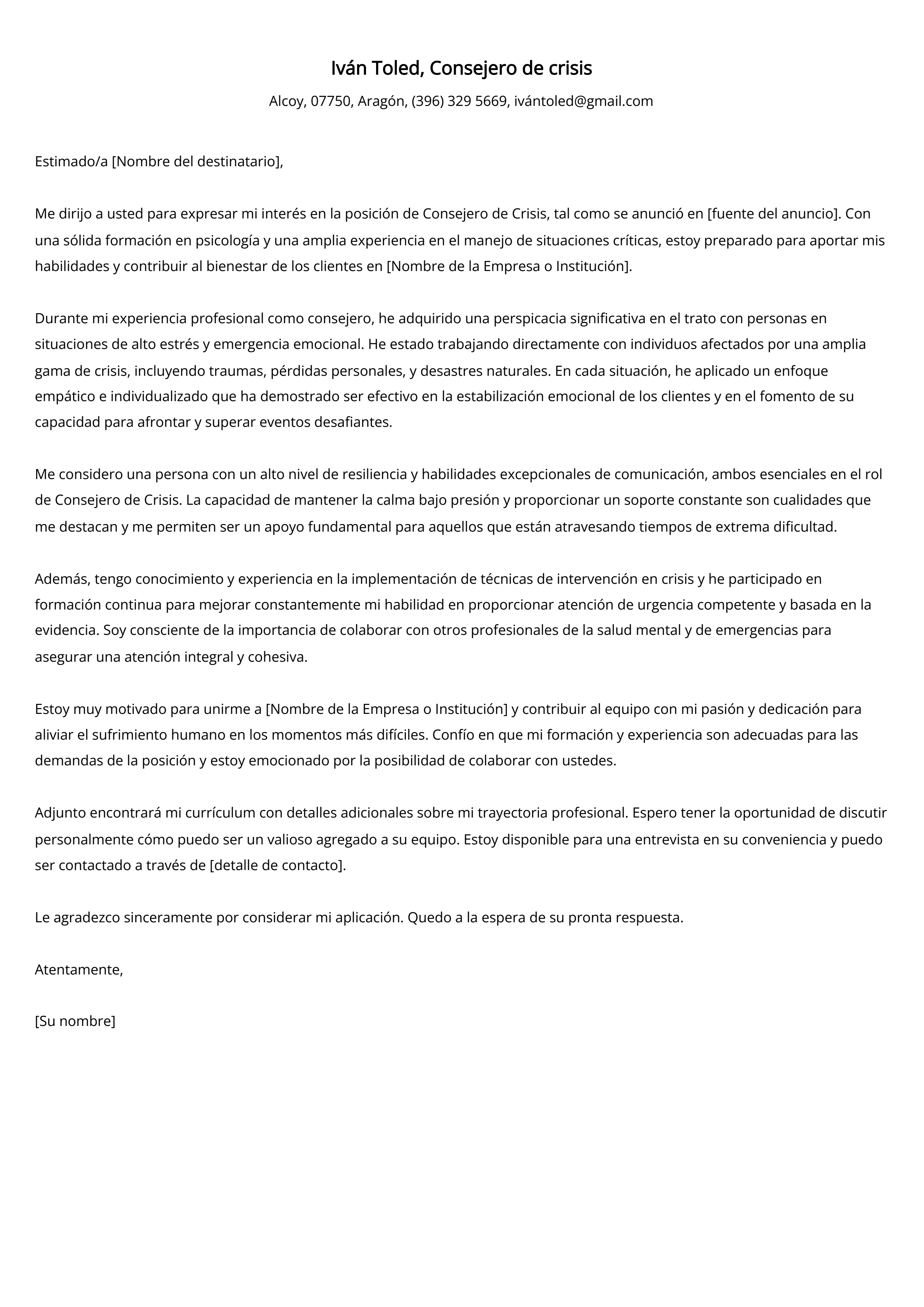 Consejero de crisis Ejemplo de carta de presentación