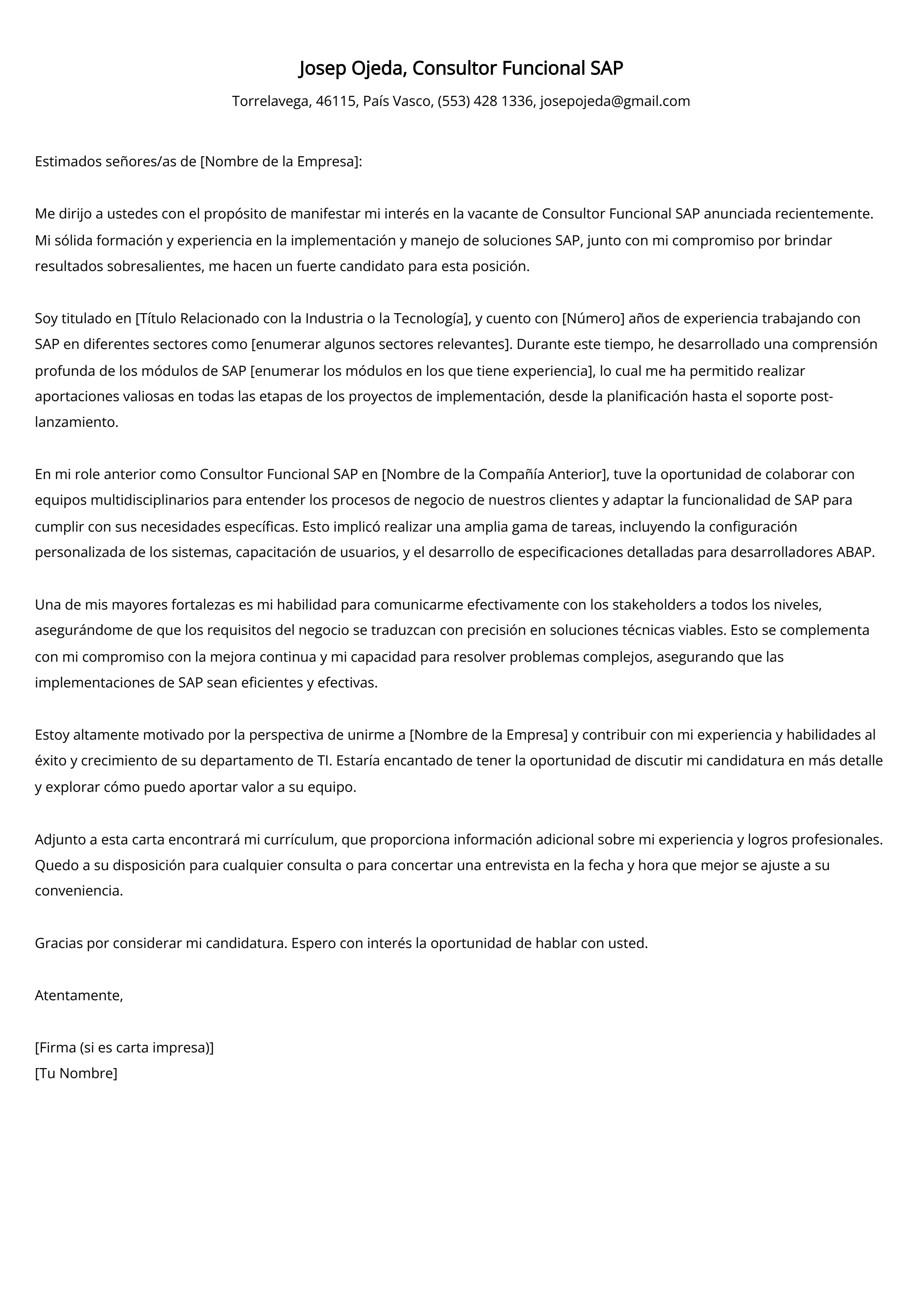 Ejemplo de carta de presentación de Consultor Funcional SAP