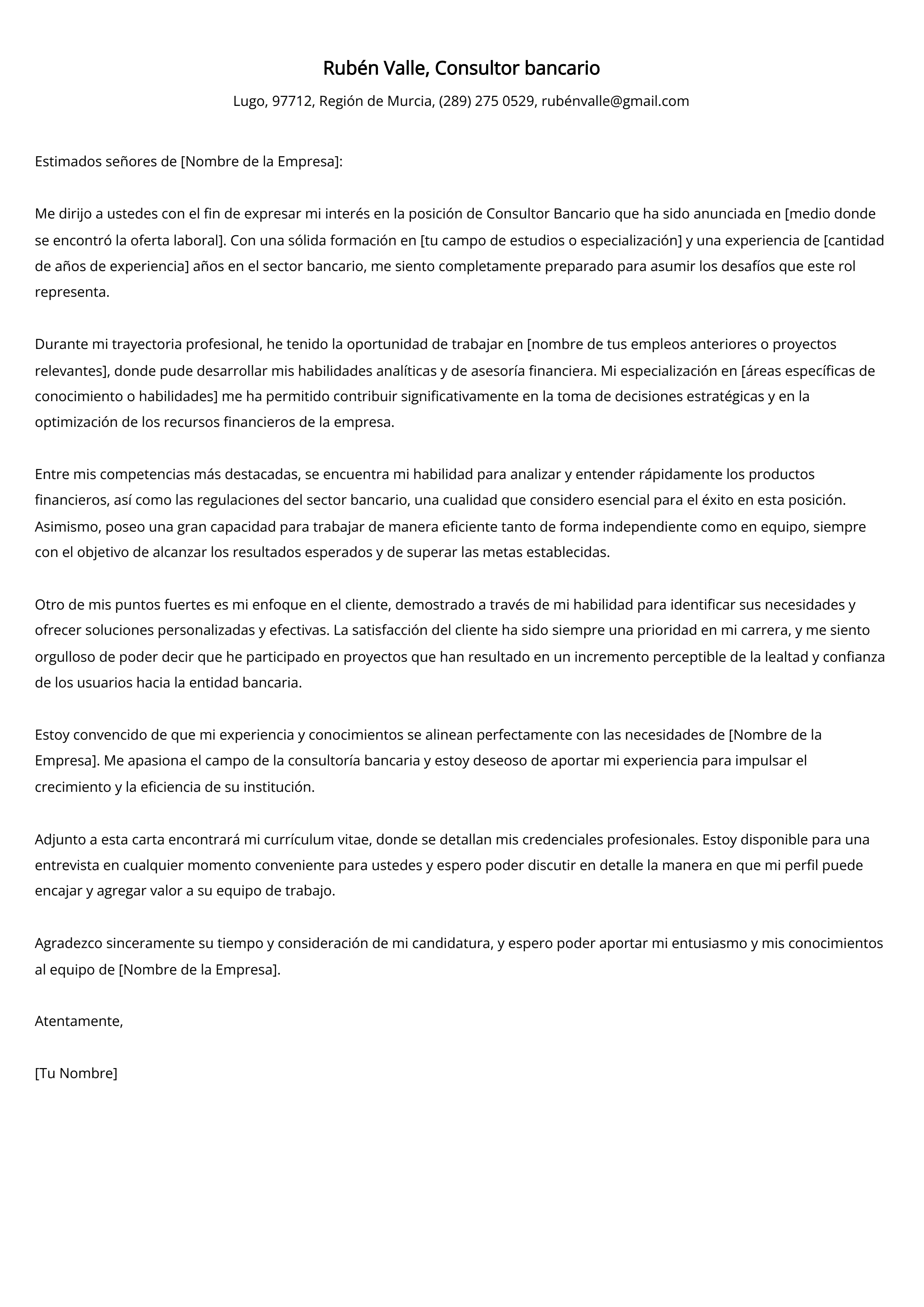 Ejemplo de carta de presentación de consultor bancario