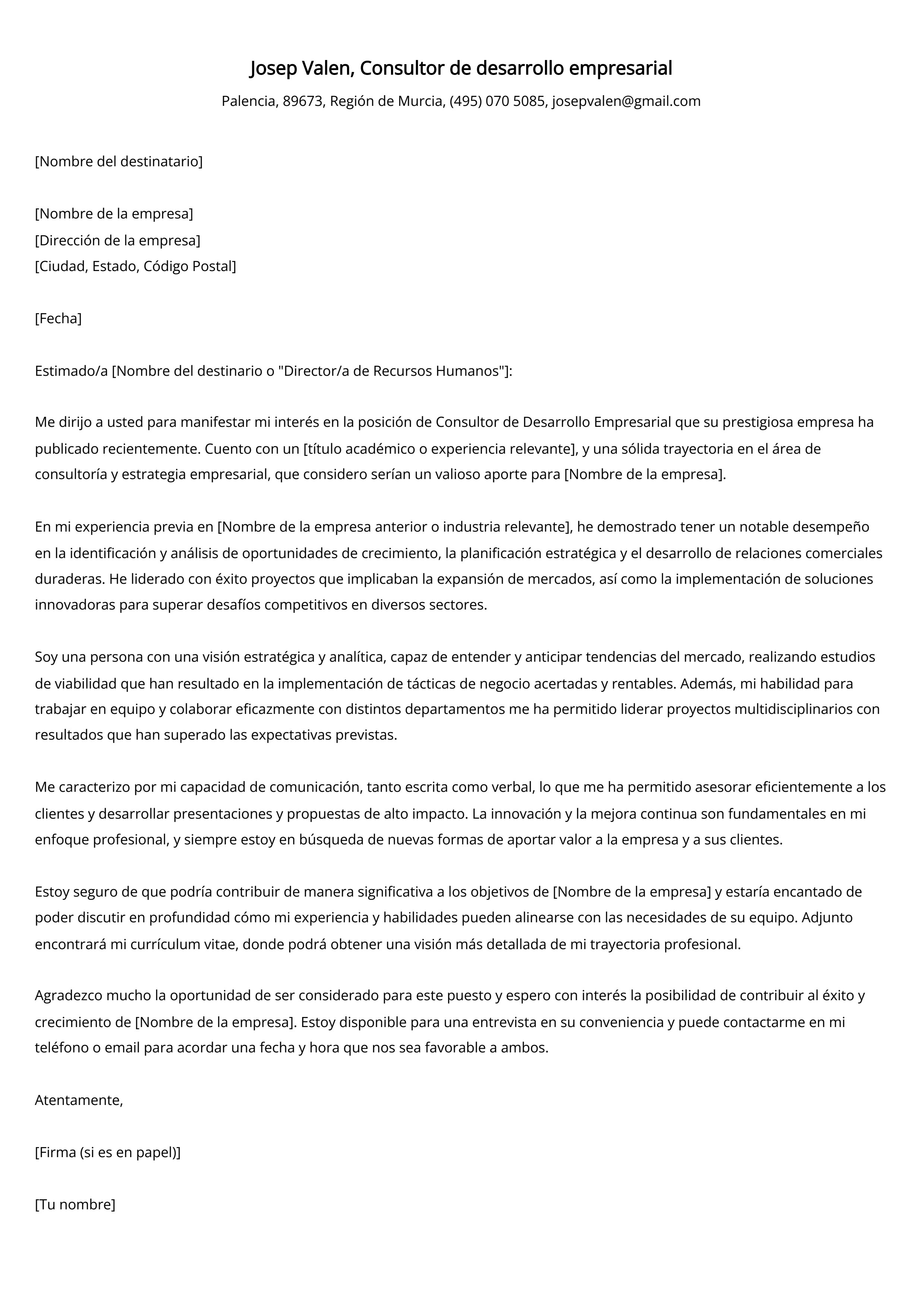 Consultor de desarrollo empresarial Ejemplo de carta de presentación