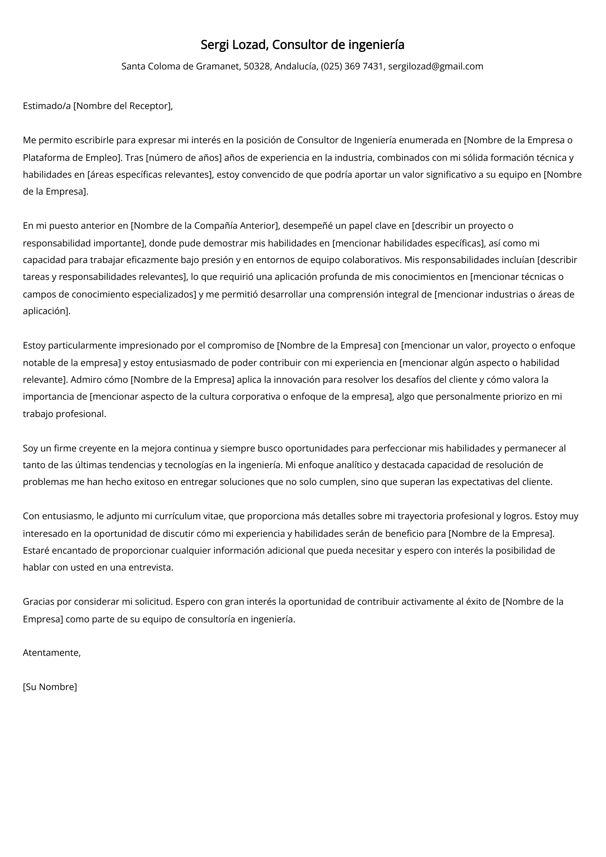 Consultor de ingeniería Ejemplo de carta de presentación