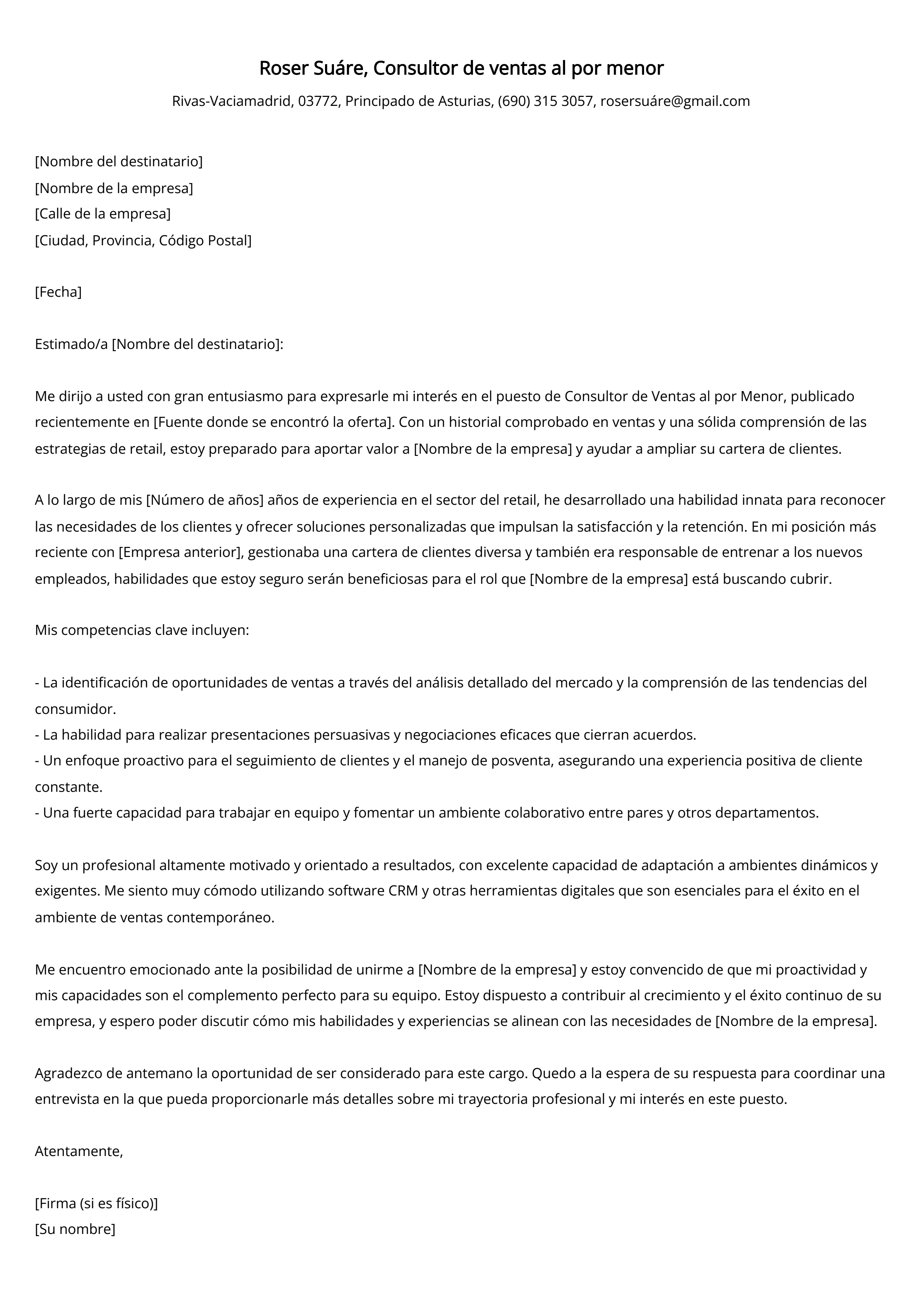 Consultor de ventas al por menor Ejemplo de carta de presentación