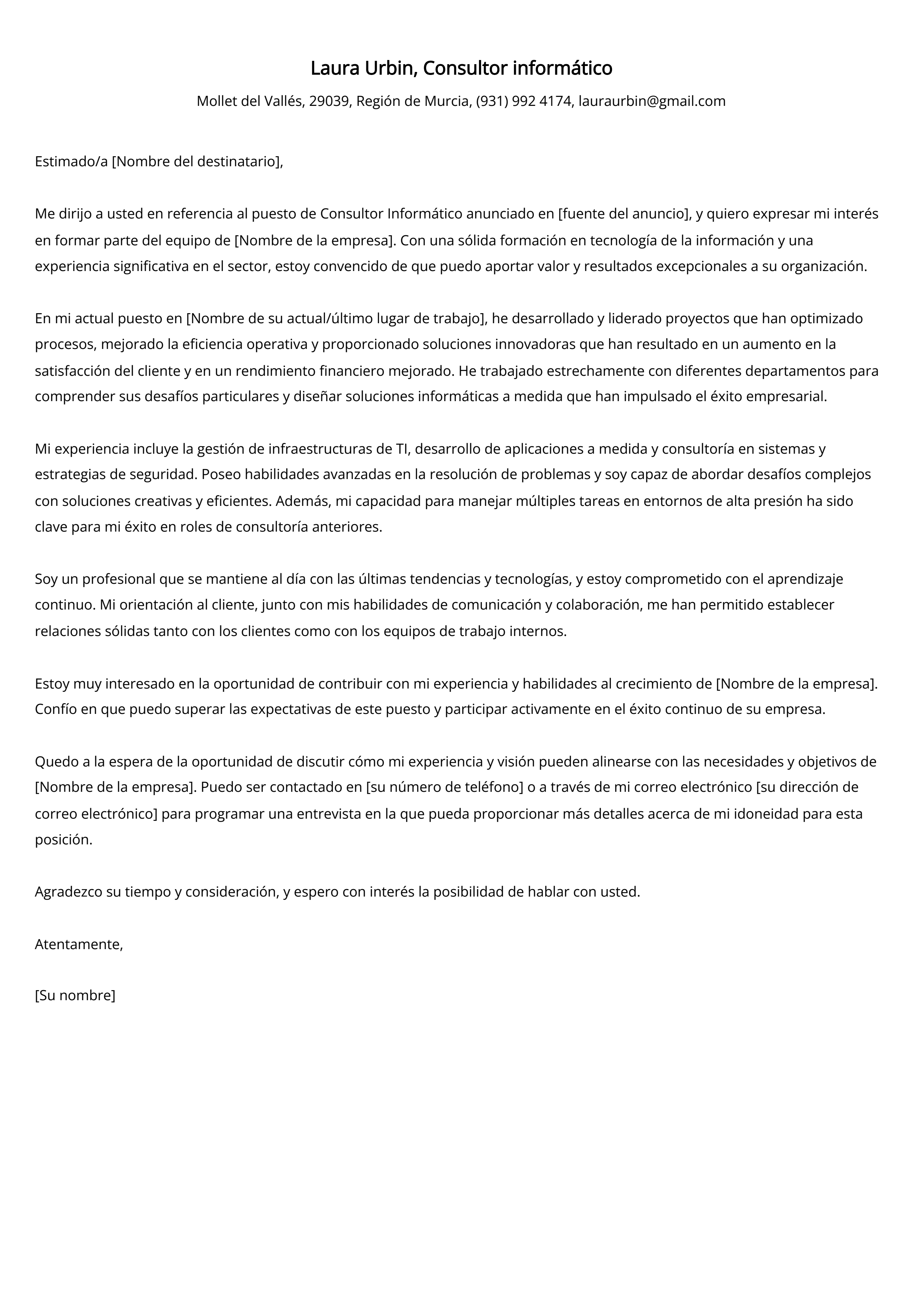 Ejemplo de carta de presentación de consultor informático