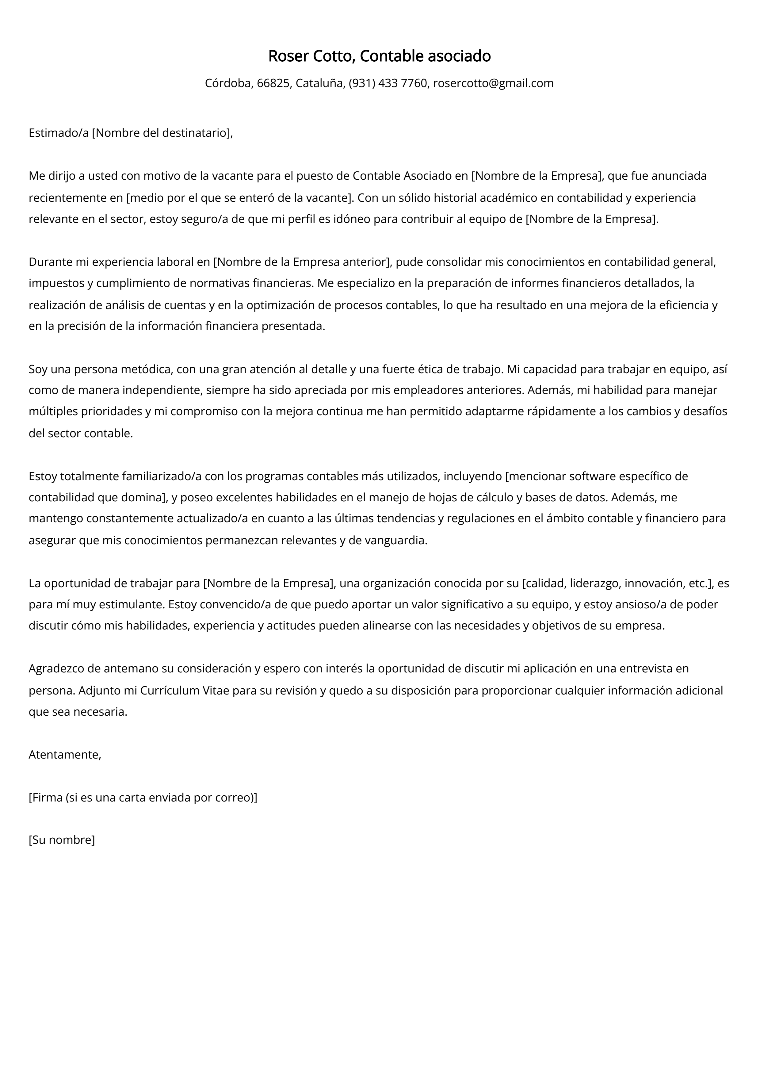 Contable asociado Ejemplo de carta de presentación