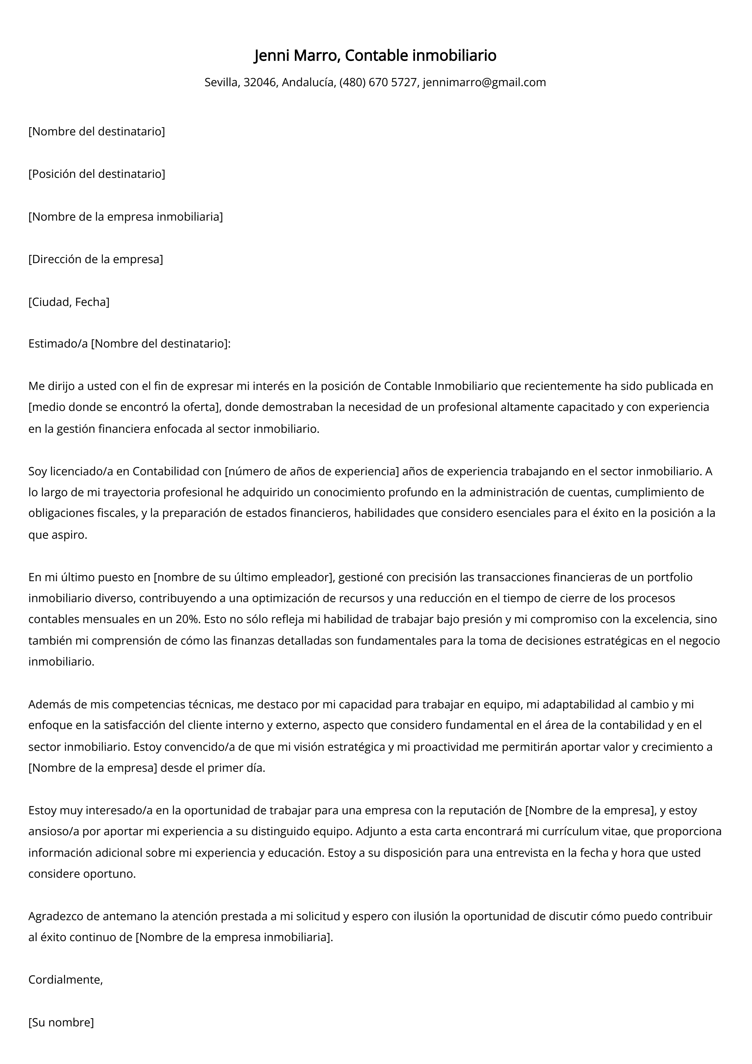 Contable inmobiliario Carta de presentación Ejemplo