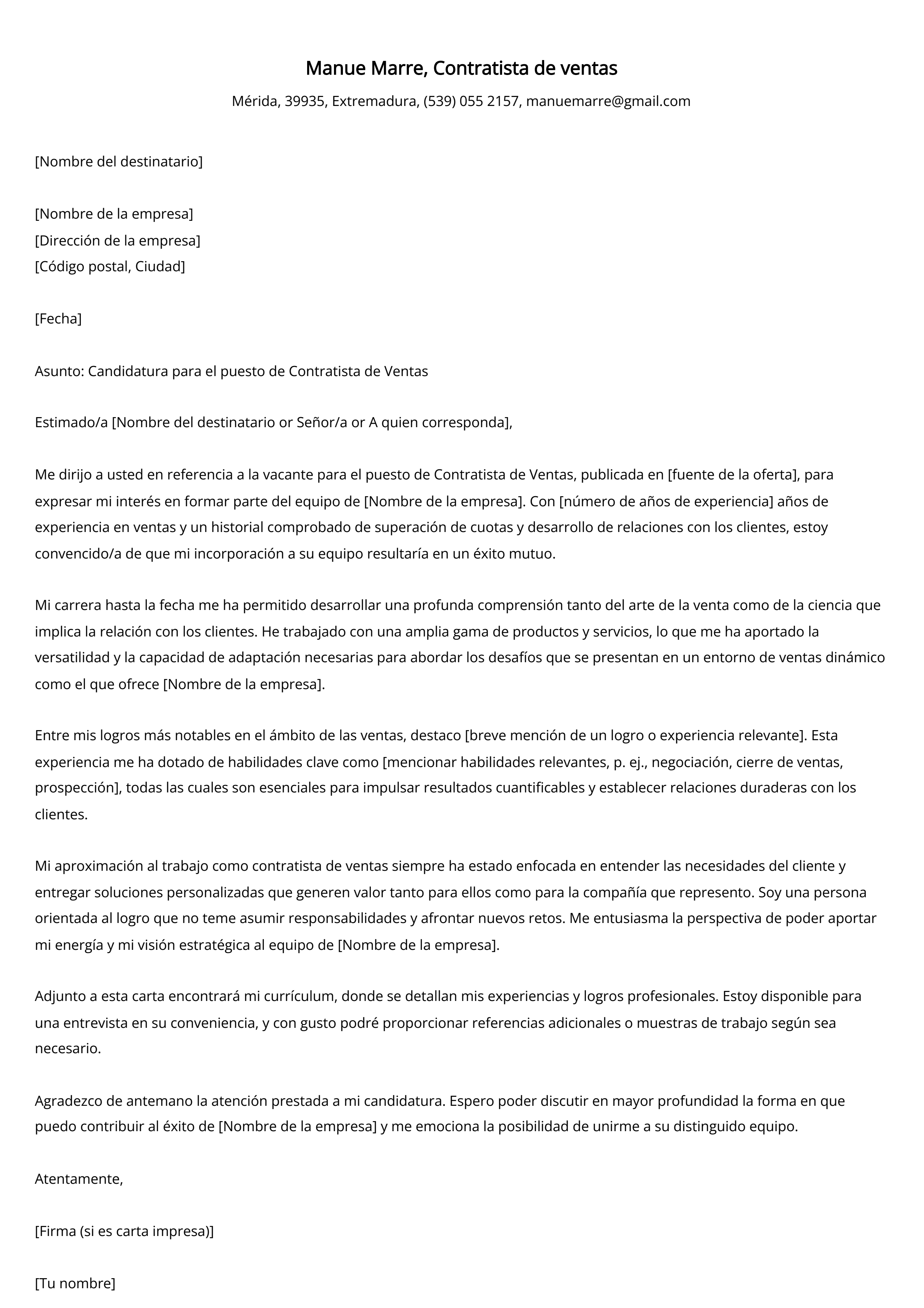 Contratista de ventas Carta de presentación Ejemplo