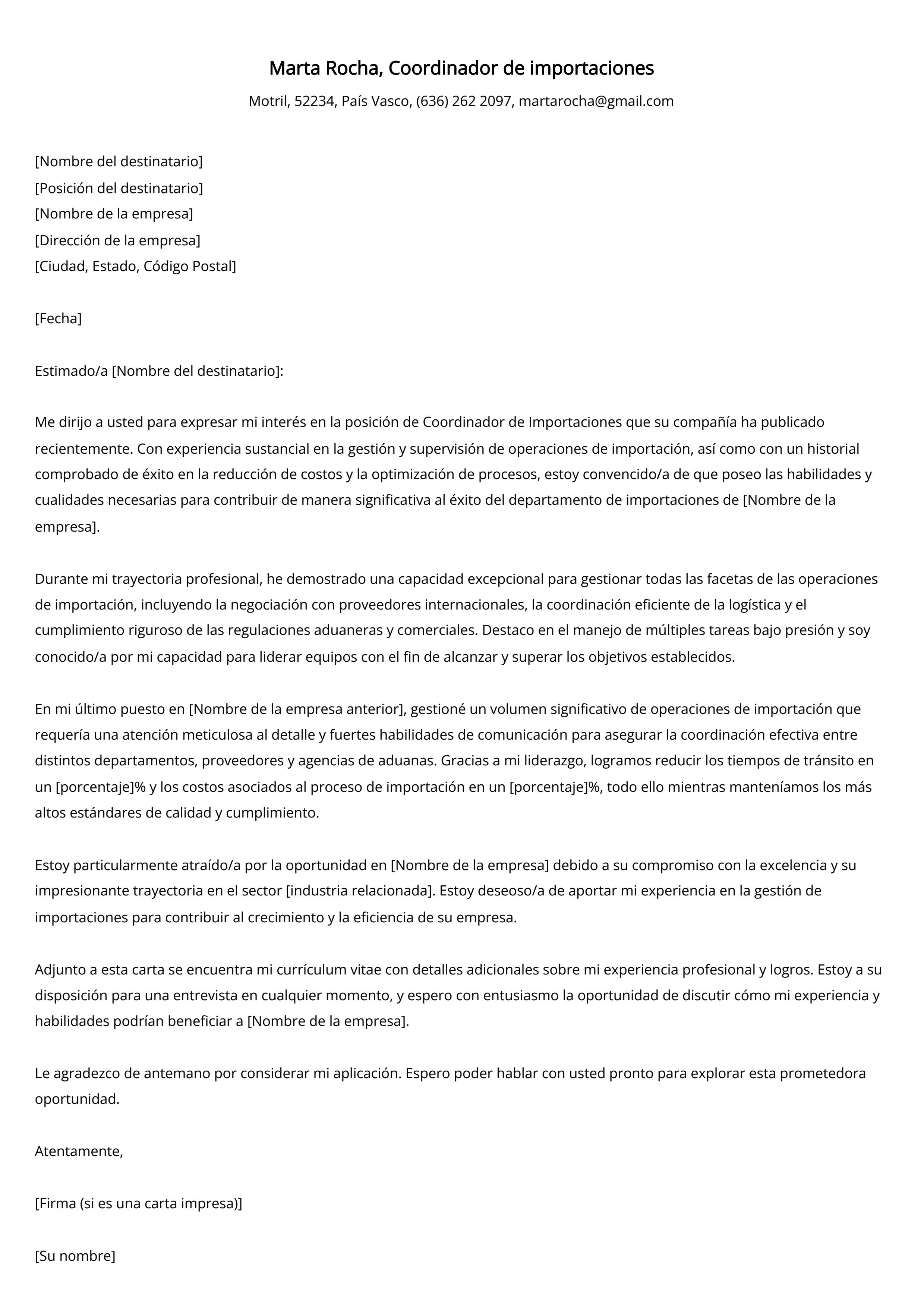 Coordinador de importaciones Ejemplo de carta de presentación