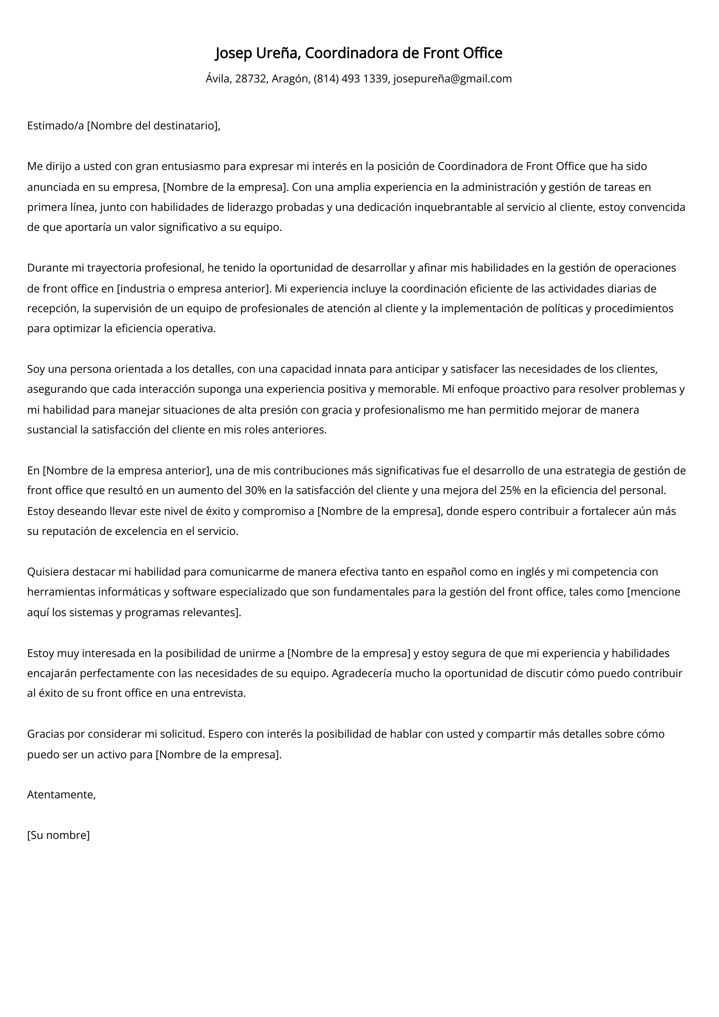 Coordinadora de Front Office Carta de presentación Ejemplo