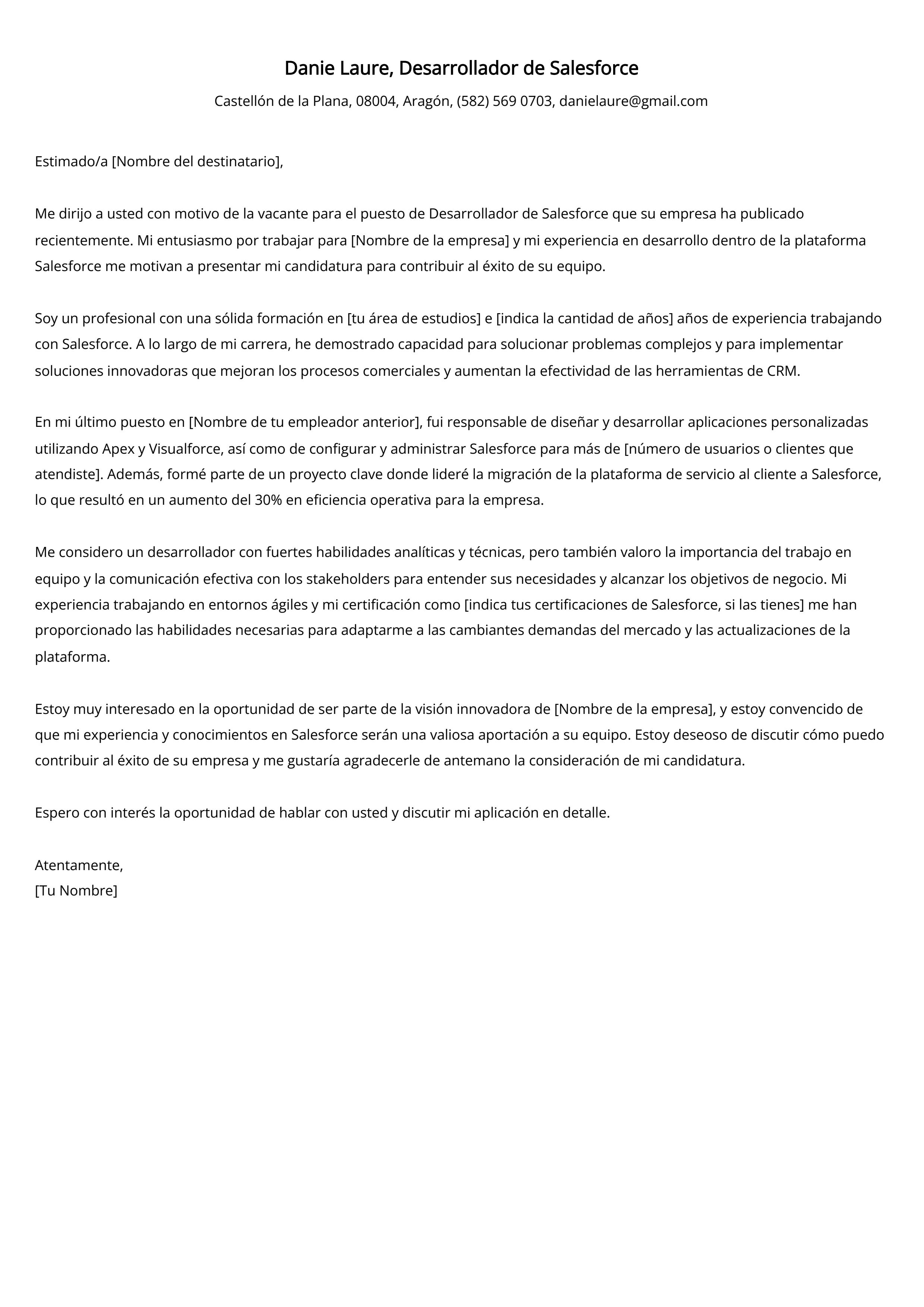 Desarrollador de Salesforce Ejemplo de carta de presentación