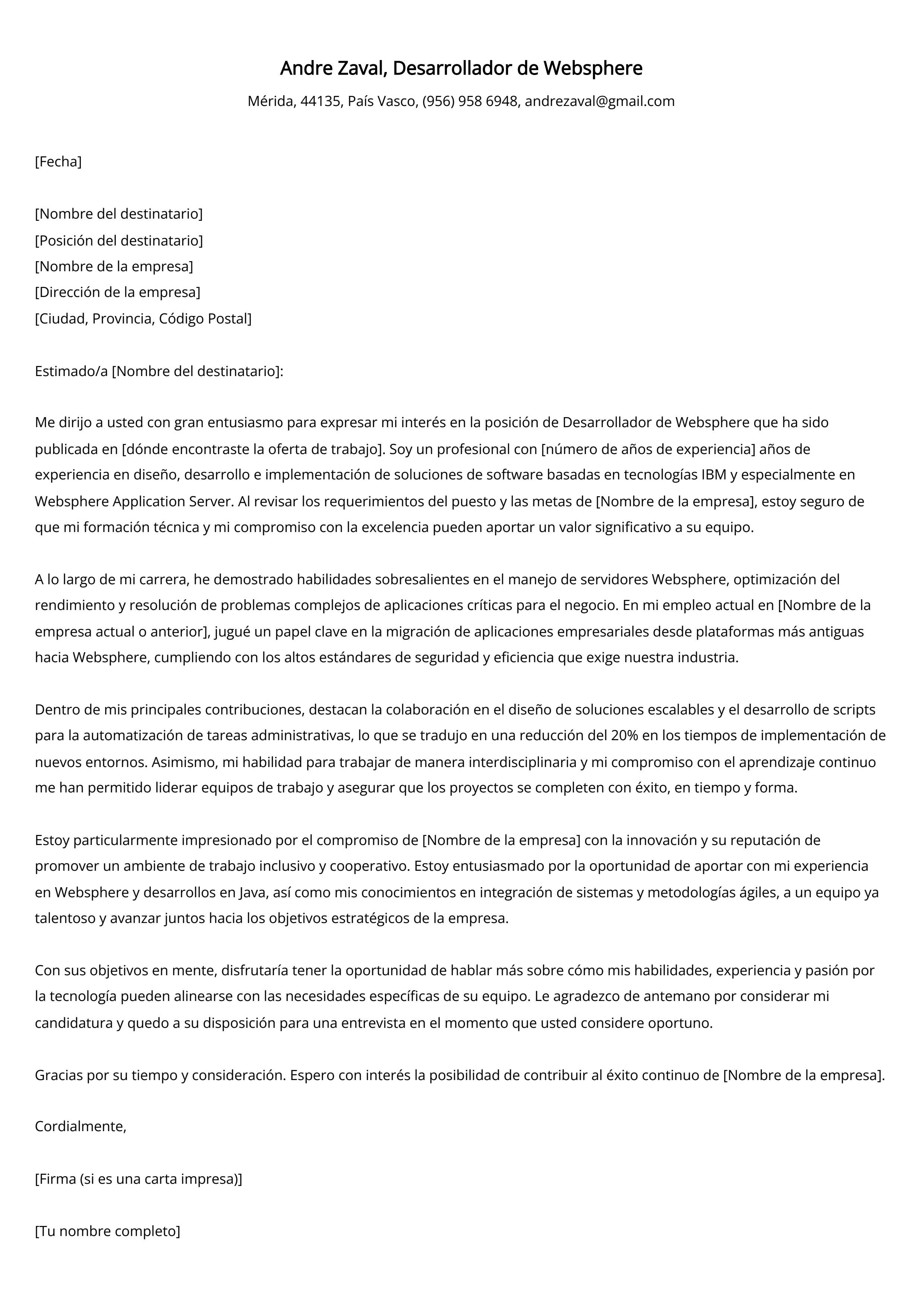 Desarrollador de Websphere Carta de presentación Ejemplo