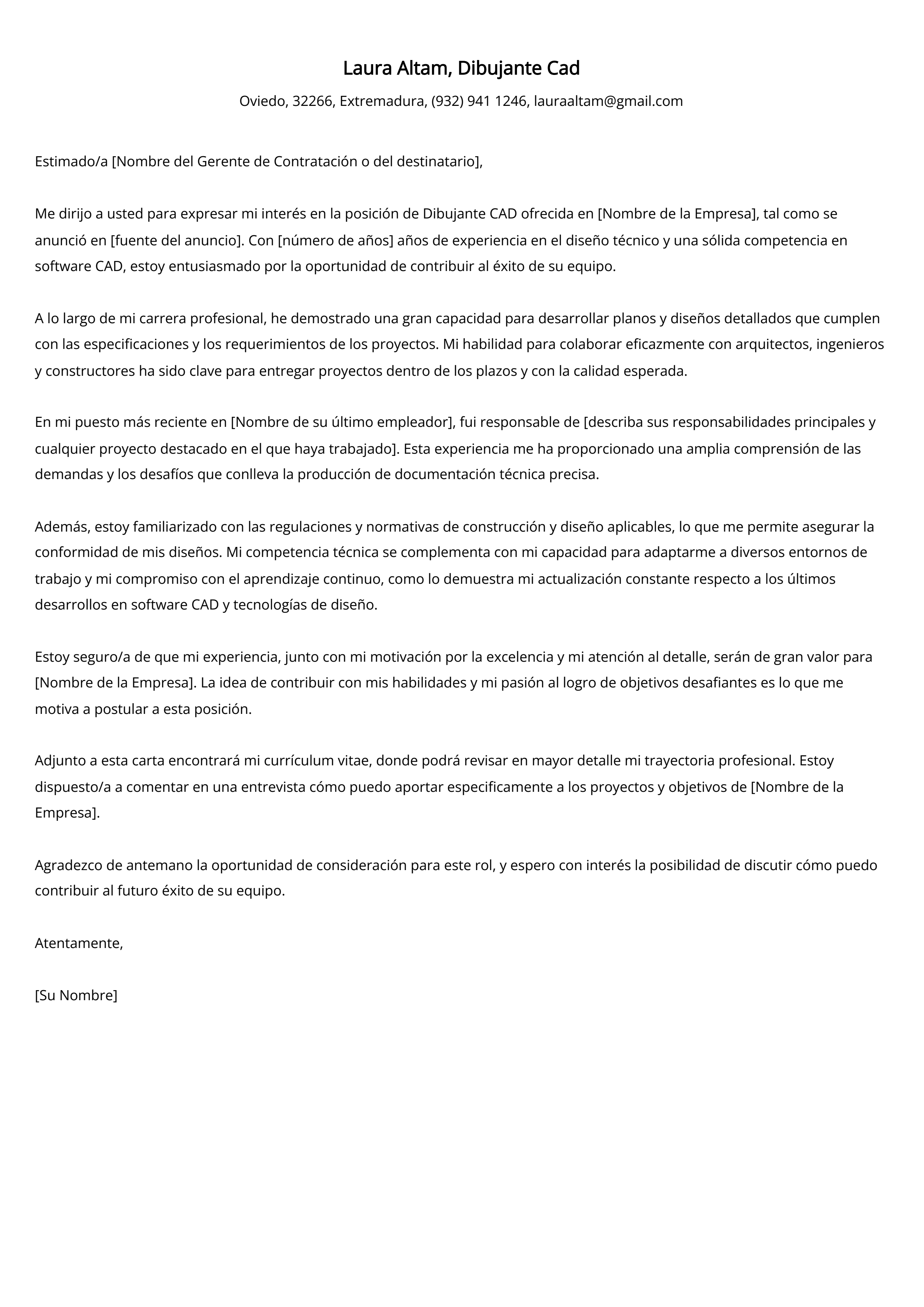 Dibujante Cad Ejemplo de carta de presentación