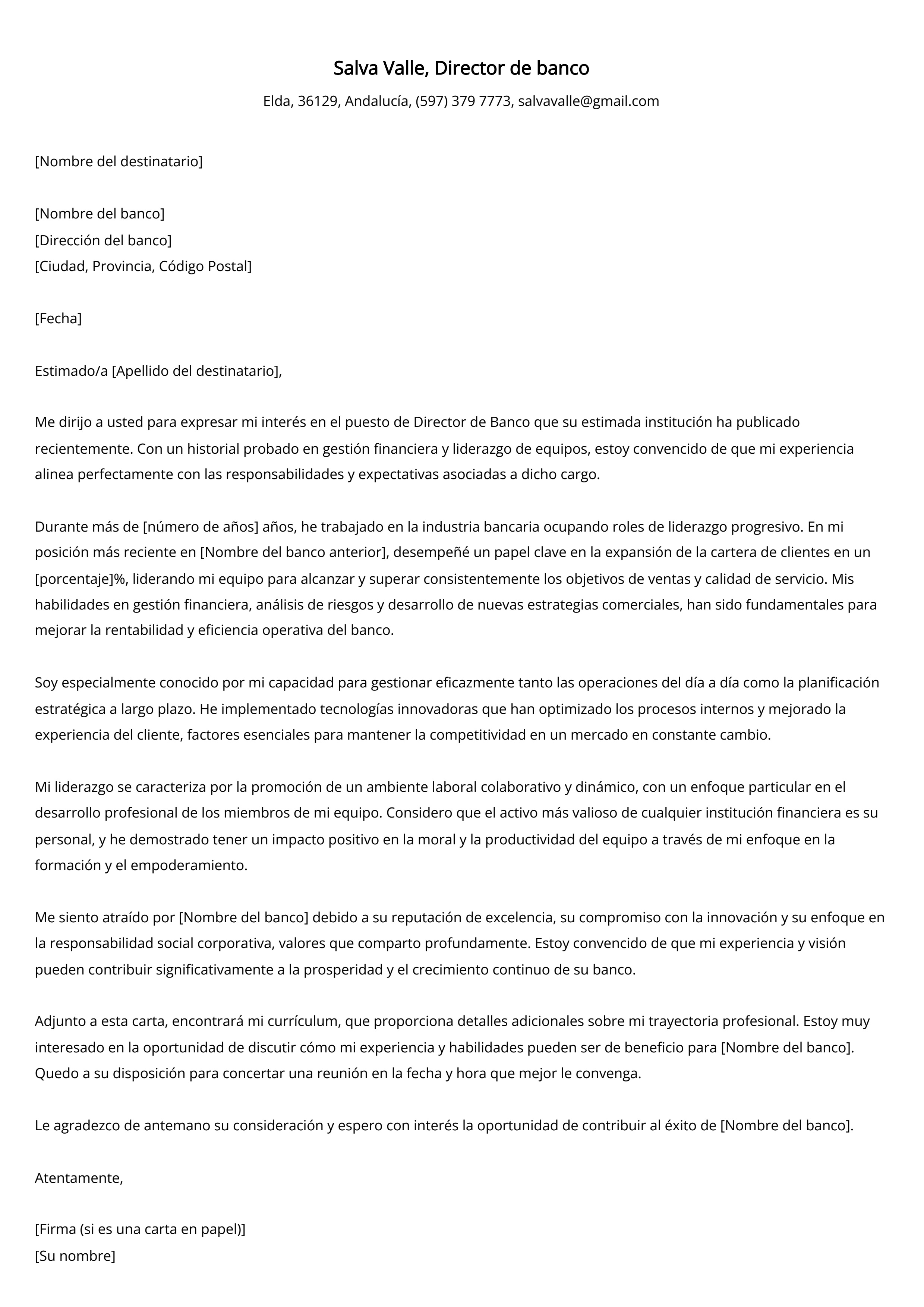 Director de banco Carta de presentación Ejemplo